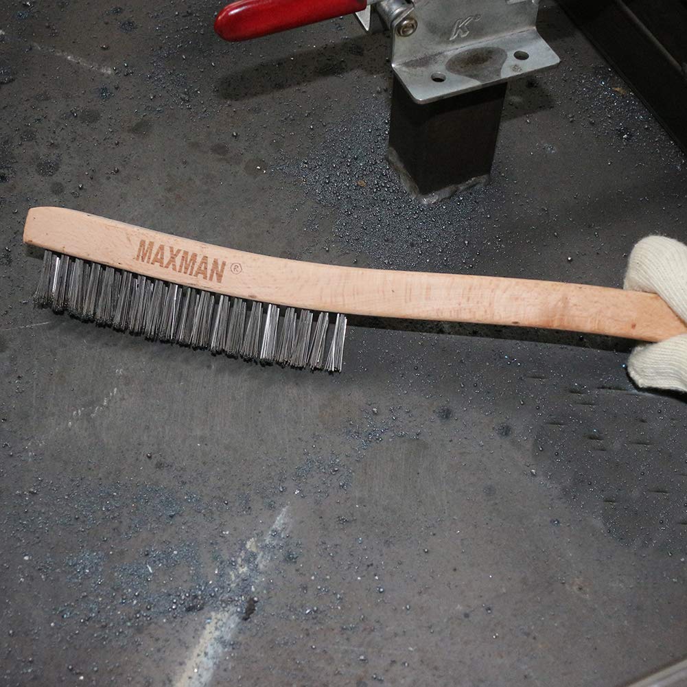 Cepillo de alambre, cepillo de alambre de acero inoxidable para limpiar el óxido con mango de madera de haya curvado de 14 pulgadas de largo, grande