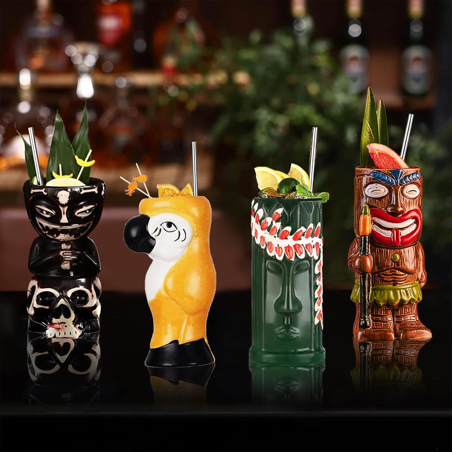 Juego de 4 tazas Tiki para cóctel, vasos Tiki de cerámica con pajitas y posavasos. Vasos de cóctel exóticos para fiesta hawaiana, vasos tropicales