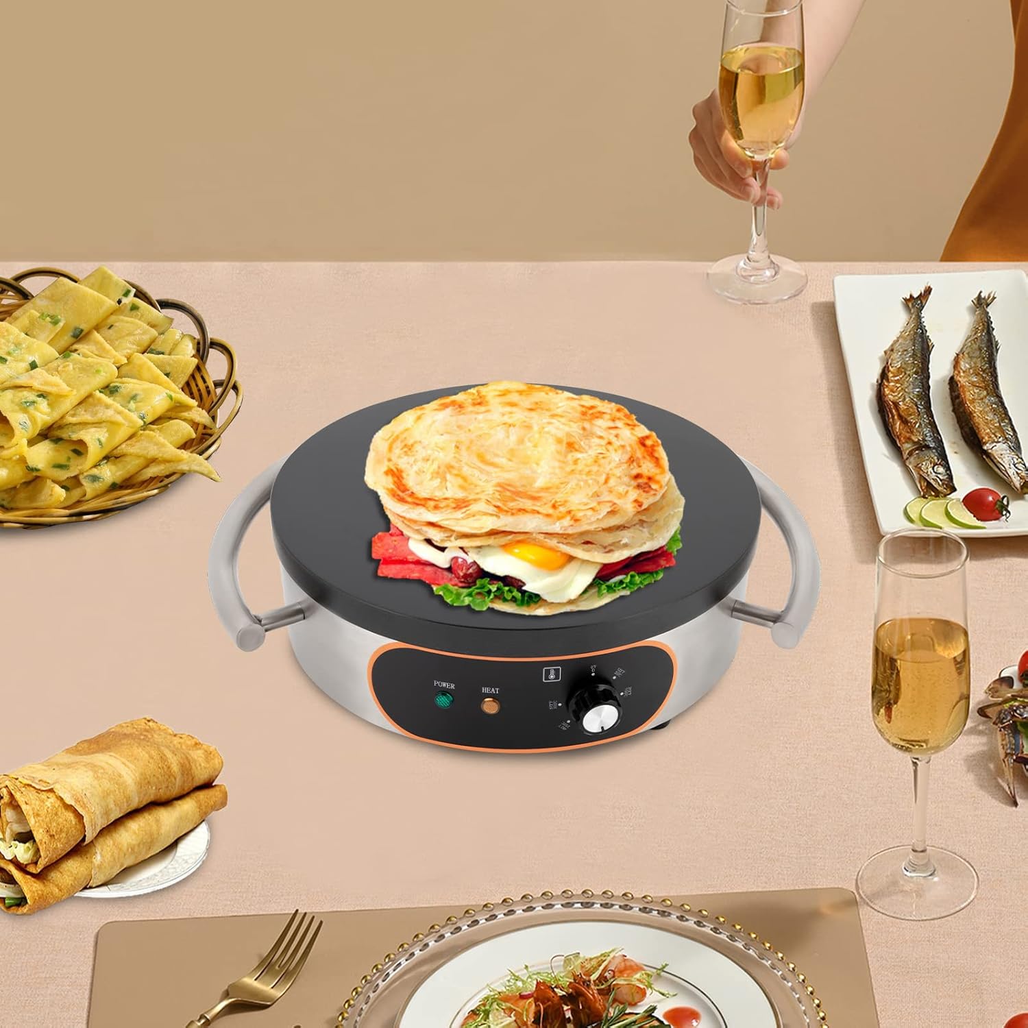 Fabricante de crepes eléctrico de 16 pulgadas para crepes antiadherente, sartén única, parrilla de crepé comercial, ajustes de temperatura