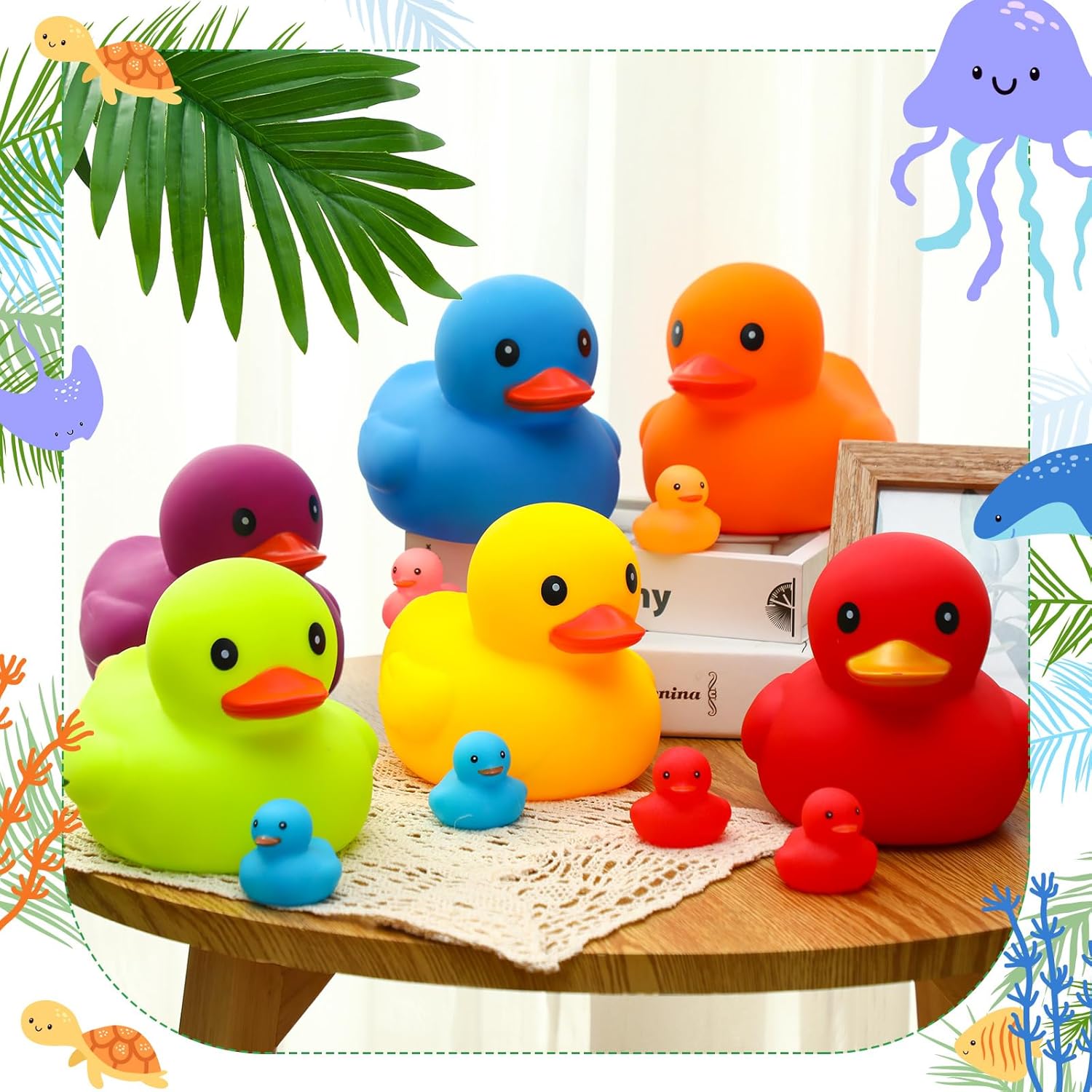 Juego de 6 patos de goma de 7.1 pulgadas, juego de patos de goma grandes y coloridos para fiestas, patos flotantes y chirriantes, juguetes de tina