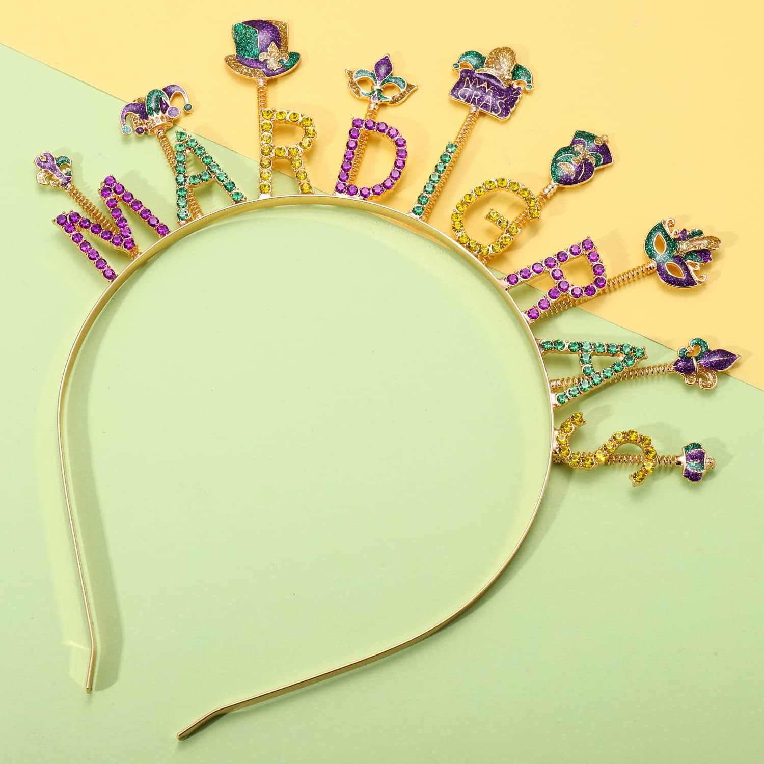 Diadema de Mardi Gras para mujer, máscara de flor de lis, diadema con diamantes de imitación, letra MARDI GRAS, gordo martes, carnaval, desfile,