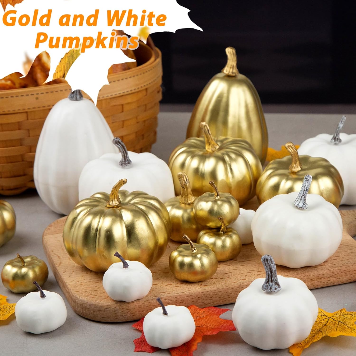 BigOtters 22 piezas de calabazas de otoño, calabazas artificiales, pequeñas calabazas falsas de espuma blanca y dorada para manualidades, Halloween,