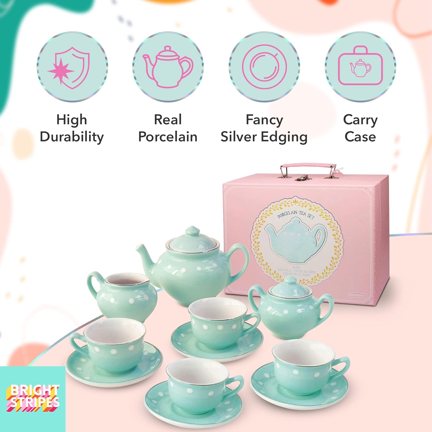 Juego de té de porcelana de 13 piezas para niños pequeños, juguetes de simulación con funda de transporte para diversión de fiesta de té, perfecto