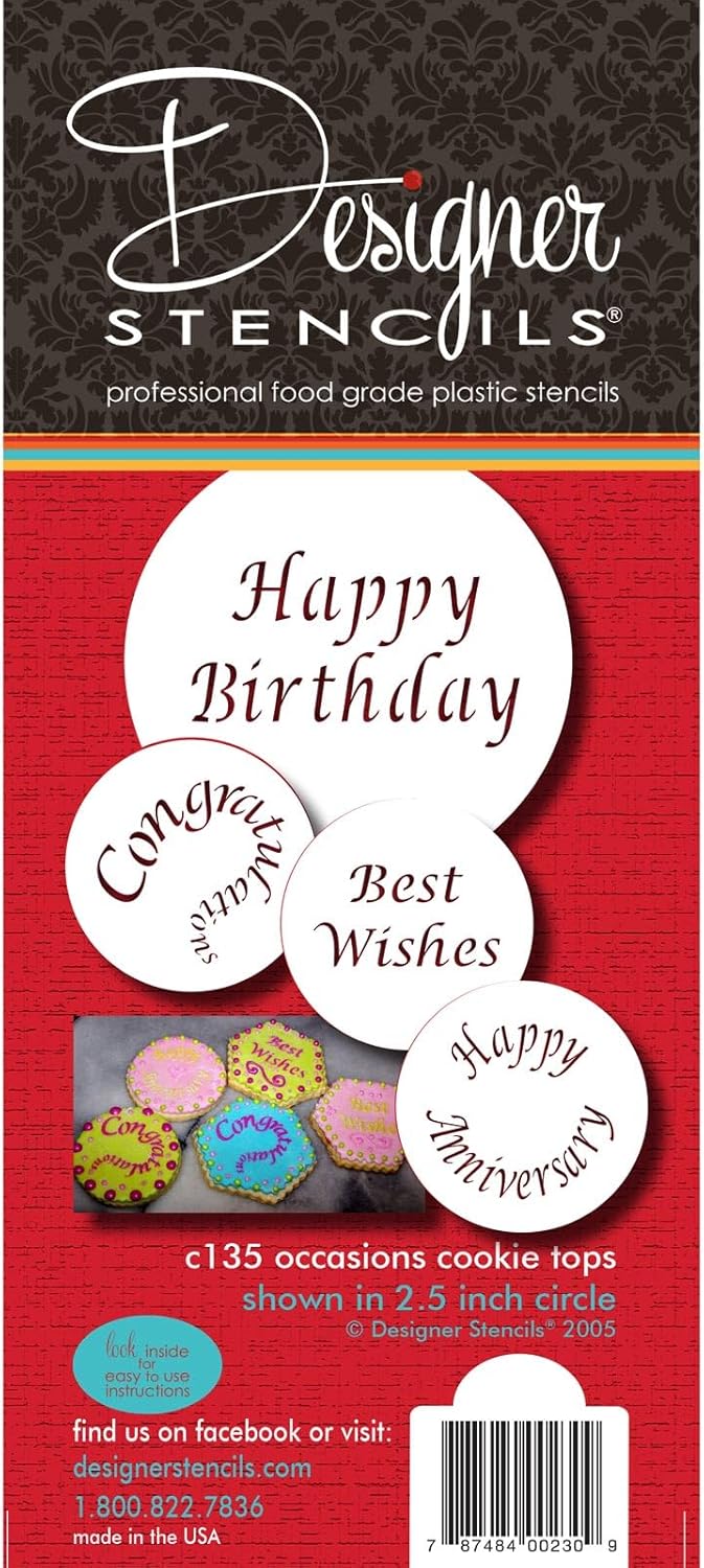 Designer Stencils Plantillas de dulces y galletas para ocasiones especiales (felicitaciones, mejores deseos, feliz cumpleaños y aniversario),
