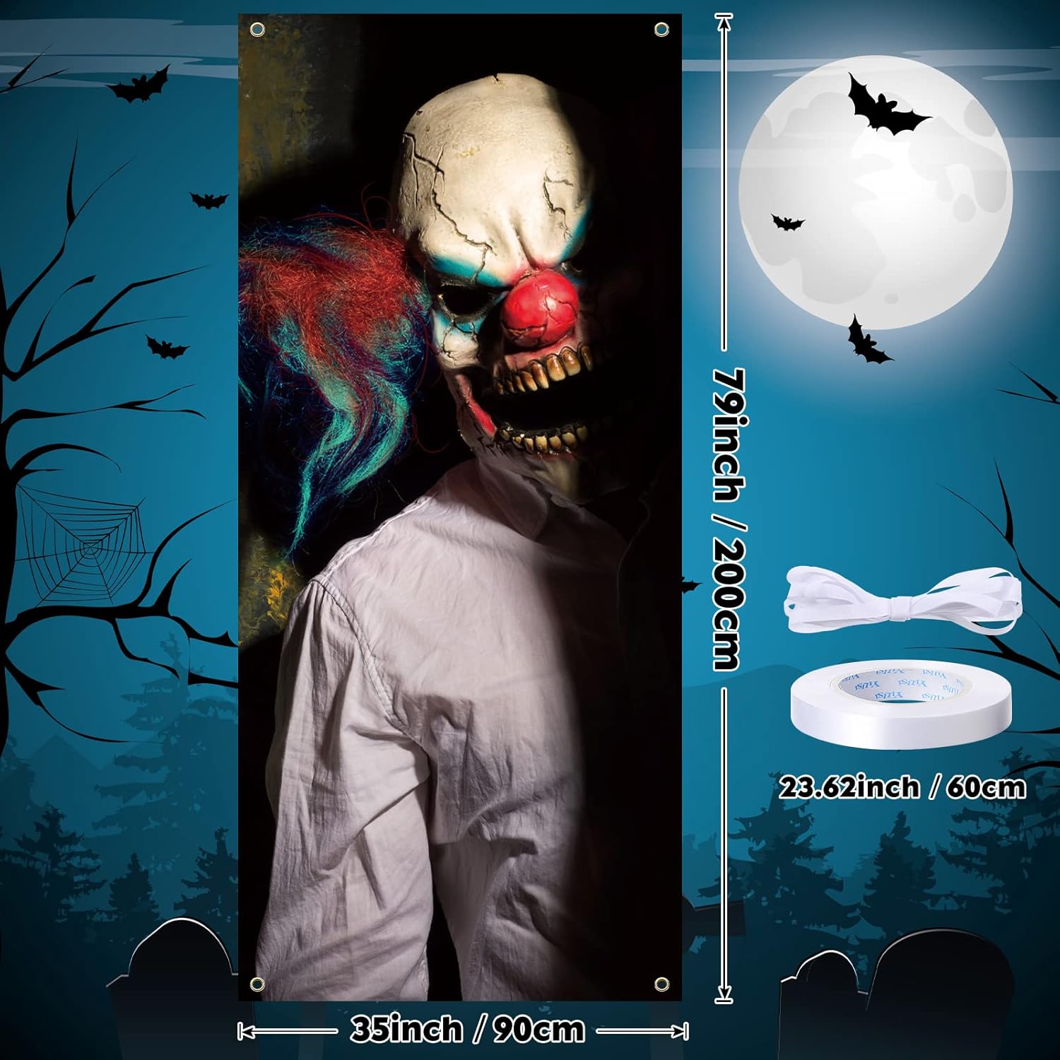 Cubierta de puerta de fantasma de payaso malvado, decoración de puerta de Halloween, 79 x 35 pulgadas, calcomanías de payaso aterrador, carteles de