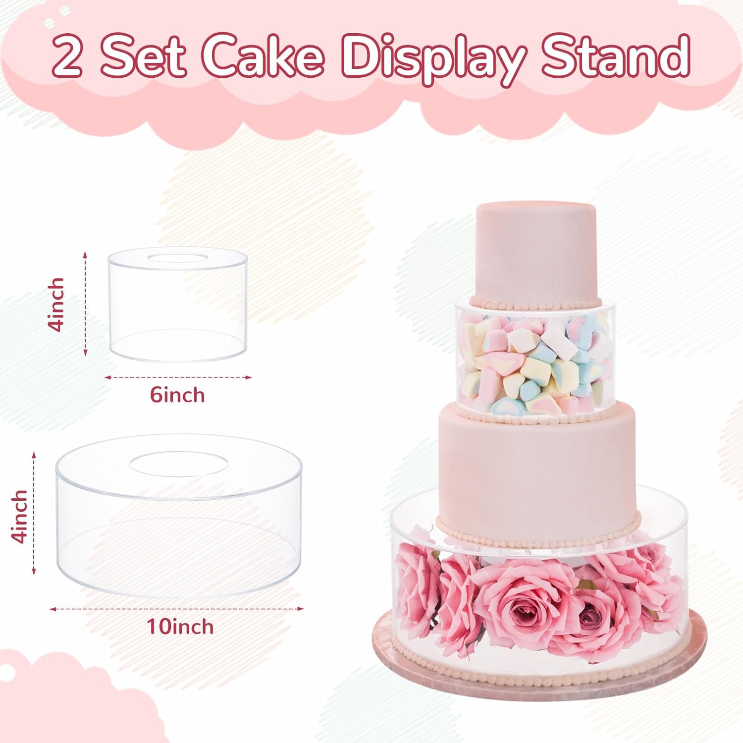 Juego de 2 soportes transparentes para tartas de boda, soporte de exhibición de acrílico para tartas escalonadas rellenable redondo con tapa, centro