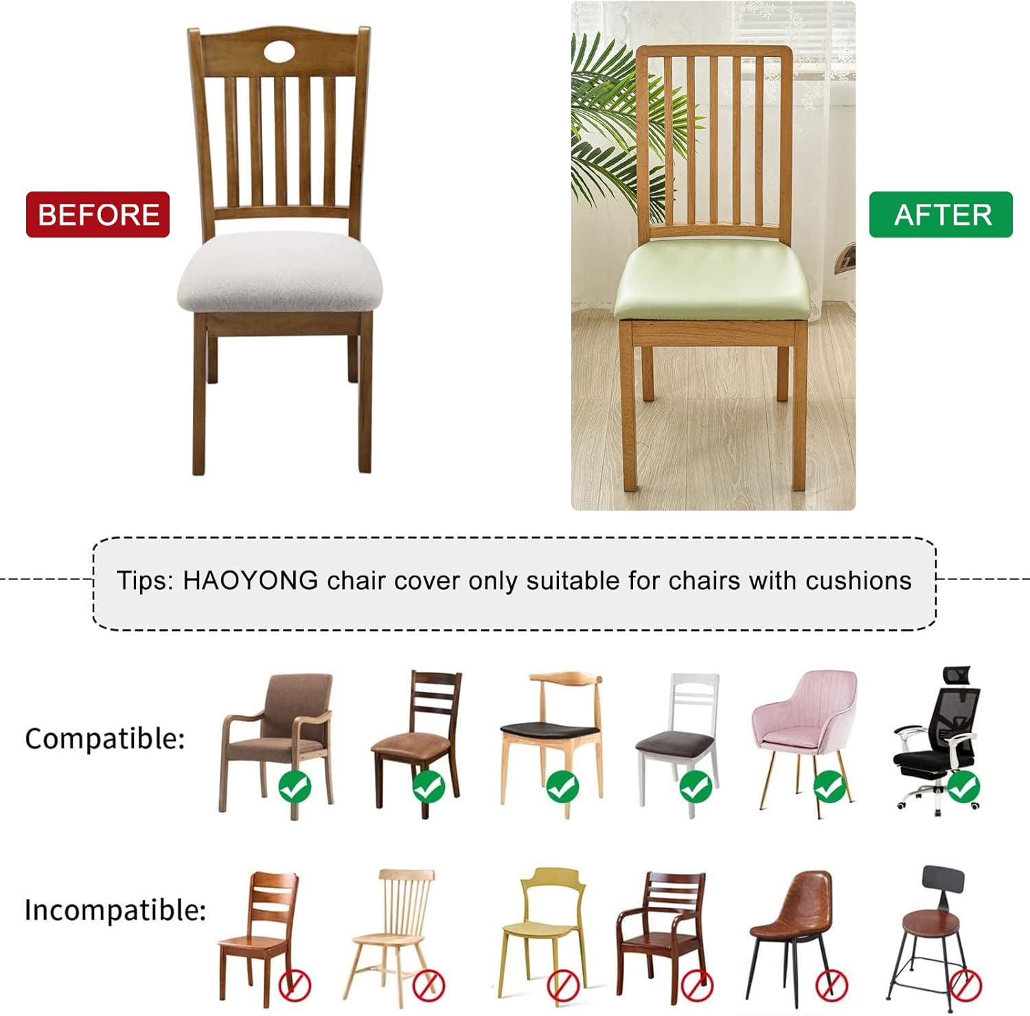 HAOYONG Juego de 4 fundas de asiento para silla, fundas impermeables de poliuretano para sillas de comedor, fundas de cojín impermeables para sillas