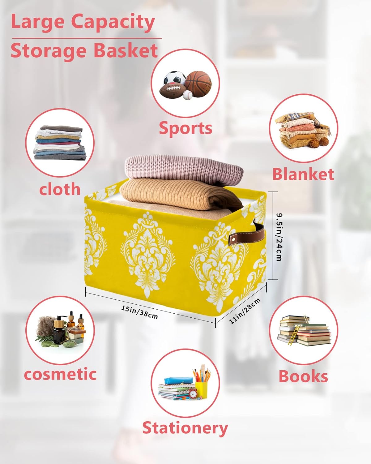 Yellow Paisley Storage Basket for Organizing Shelves, Collapsible Storage Bins Boxes with Handle, Luxurious Modern White Abstract Art Aesthetics