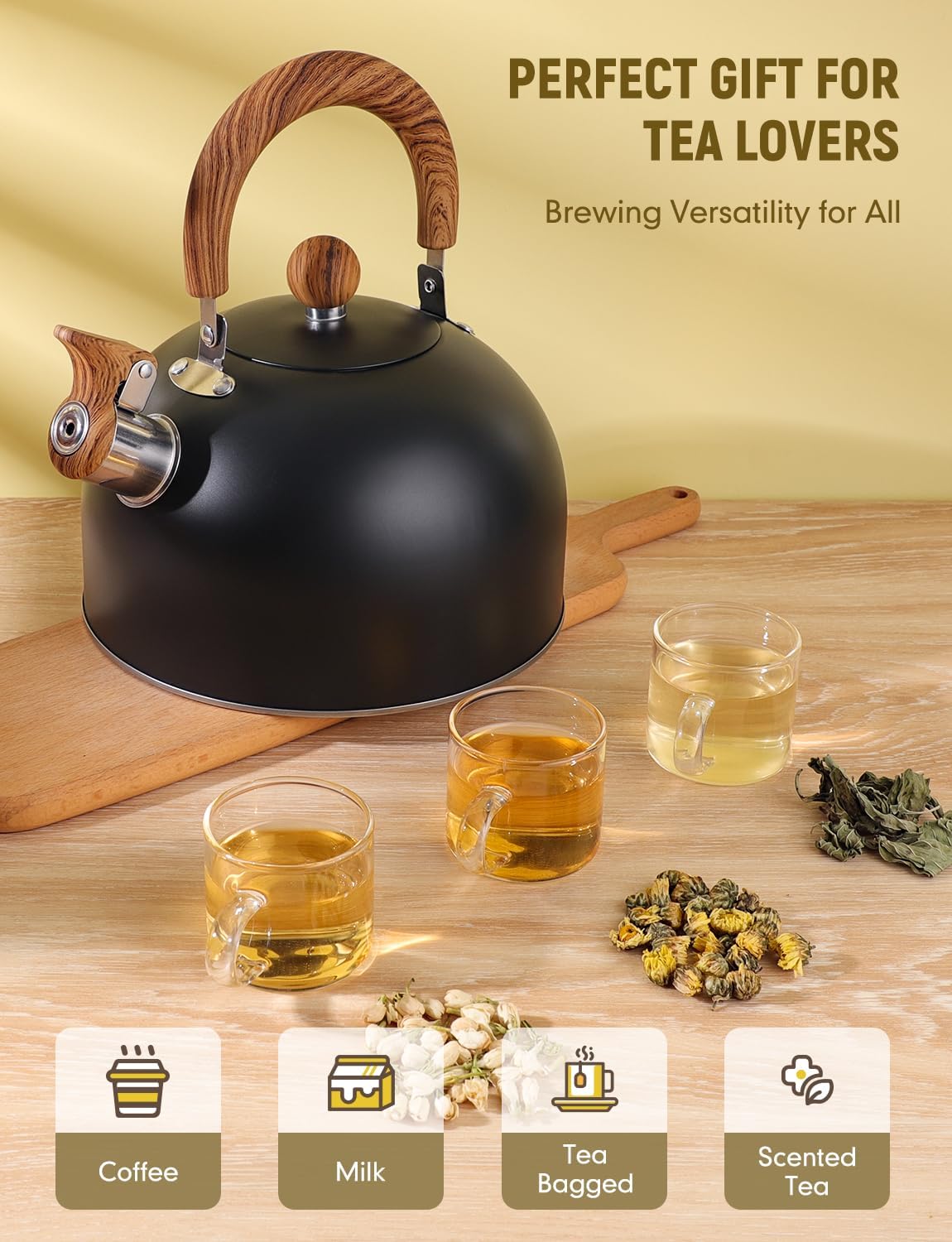 Hervidor de té Whistling para estufa, tetera de acero inoxidable de grado quirúrgico con mango ergonómico que se mantiene fresco, tetera de