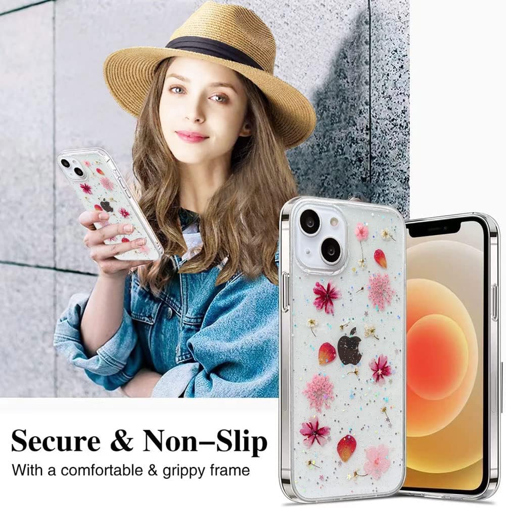 Diseñada para iPhone 13, funda estética brillante transparente con diseño de flores naturales, TPU suave prensado floral real, a prueba de golpes,