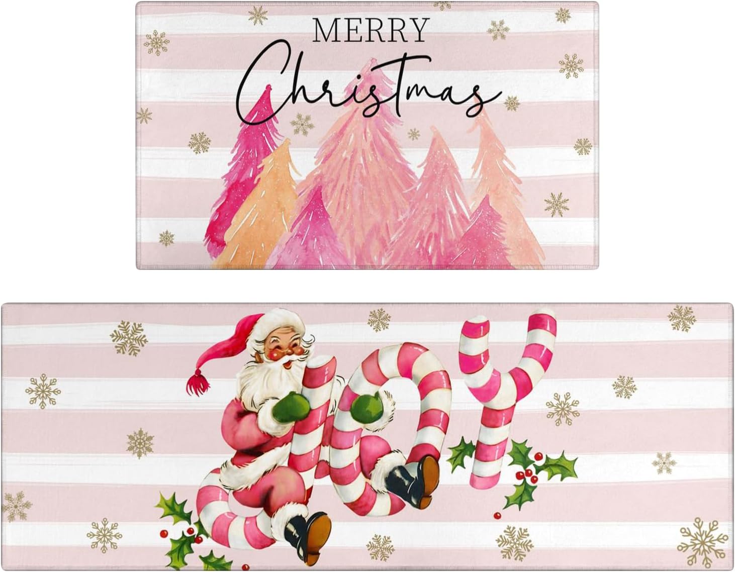 Xsinufn Juego de 2 alfombras y tapetes de cocina de Feliz Navidad, árboles de Navidad rosados, Papá Noel, Navidad, invierno, vacaciones, tapete