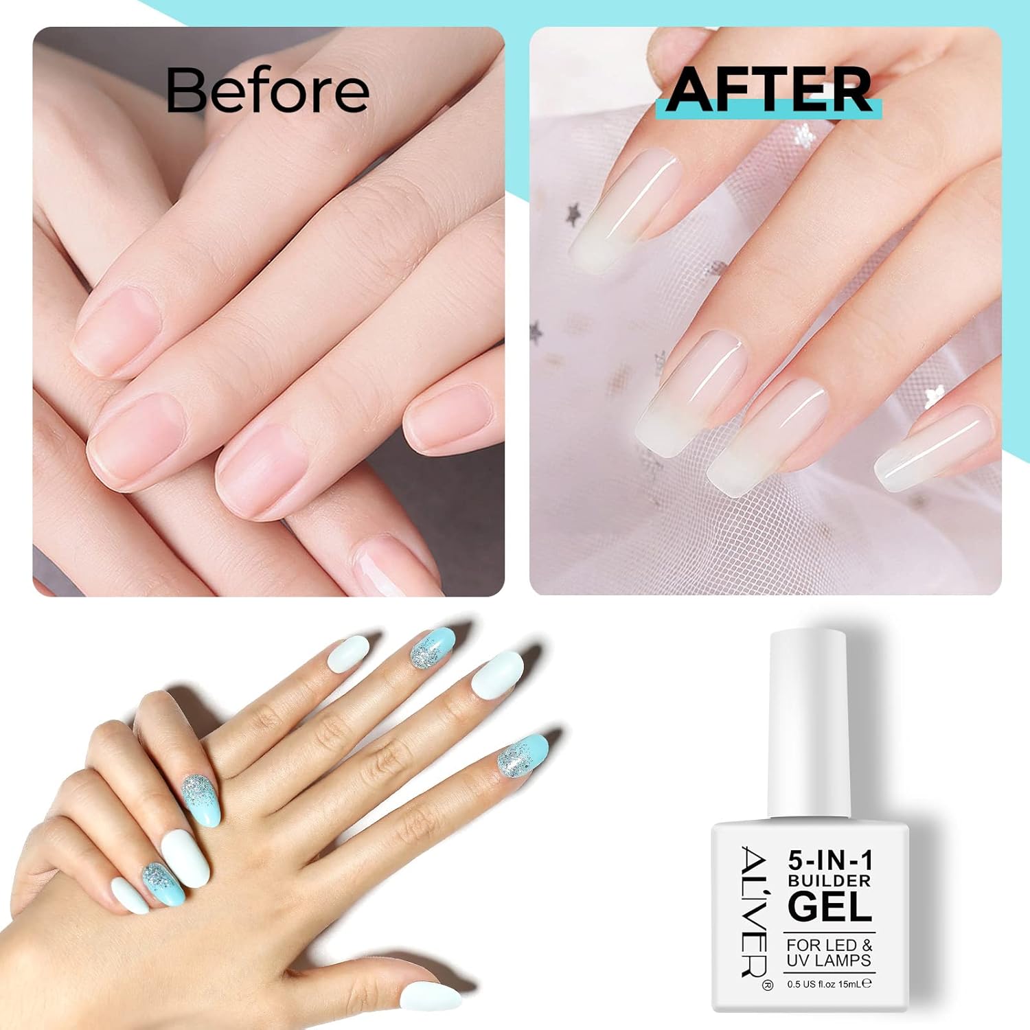 IKZEE Gel constructor 5 en 1, paquete de 2 gel fortalecedor base, geles de uñas constructores, gel de esmalte de uñas UVLED para extensión de uñas,