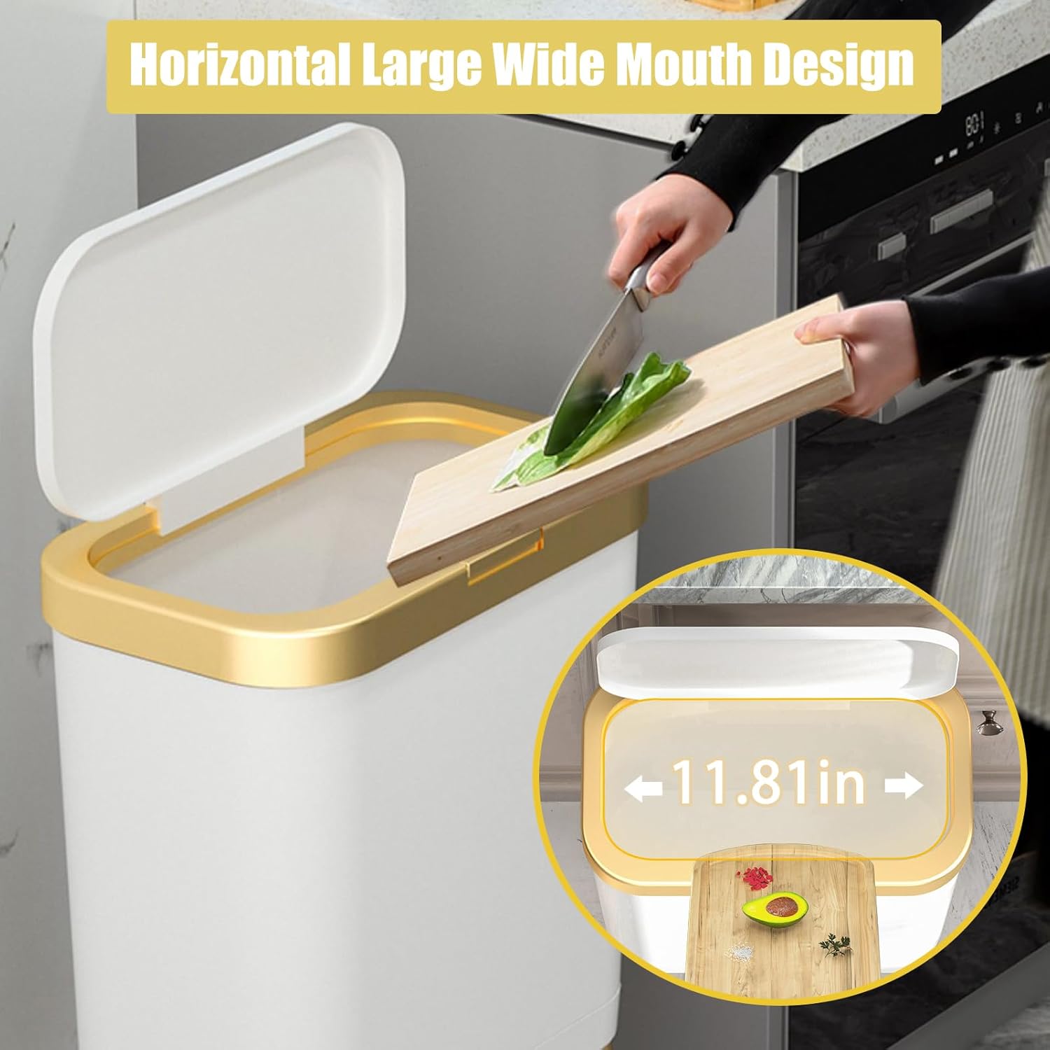 URALFA Basurero de baño con tapa, cubo de basura de cocina de 4 galones con borde dorado estrecho con patas, cesta de basura de plástico para baño,