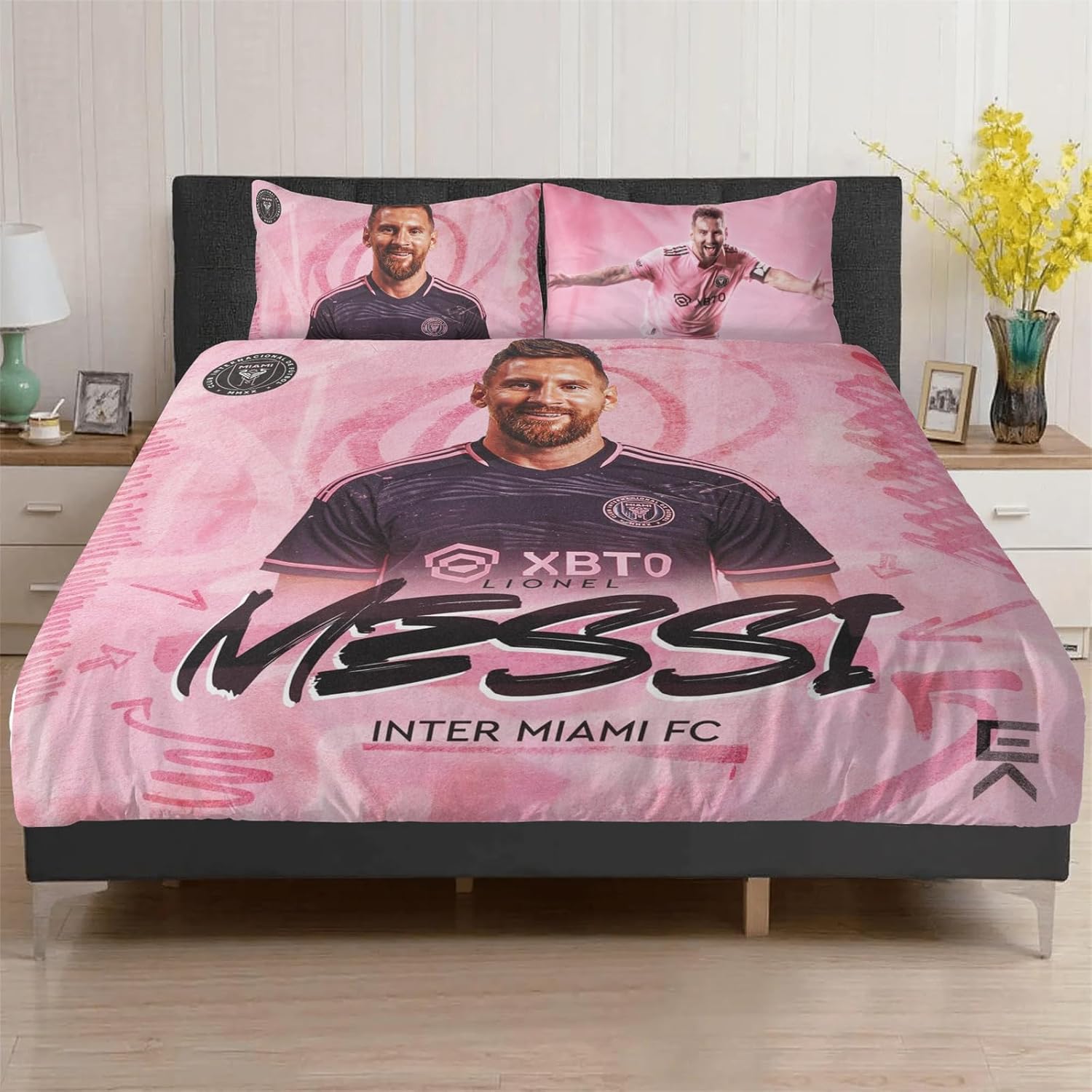 Aimery Miami – Juego de ropa de cama de fútbol, juego de funda de edredón de fútbol rosa, juego de ropa de cama de fútbol de microfibra suave, 3