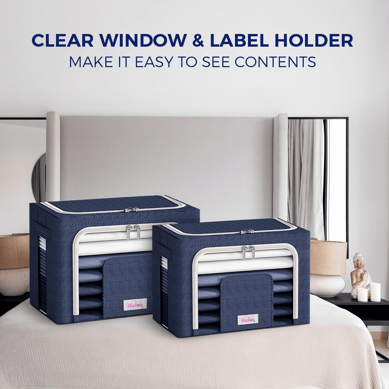 Blushbees Cajas de almacenamiento plegables de tela Oxford para ropa, colchas, lino con soportes de metal (paquete de 4 cajas, tamaño grande de 20 x