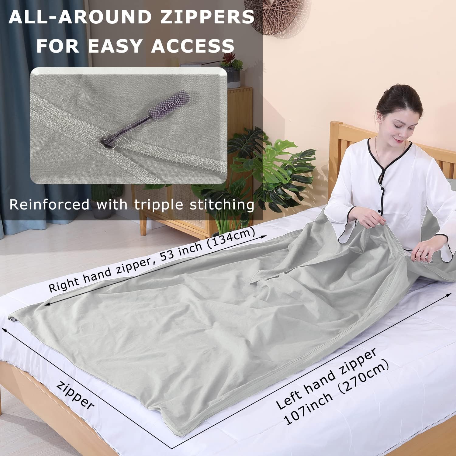 EXERMIL Forro para saco de dormir 100% algodón con cremalleras completas, saco de dormir grande de 87 x 43 pulgadas para adultos para viajes y