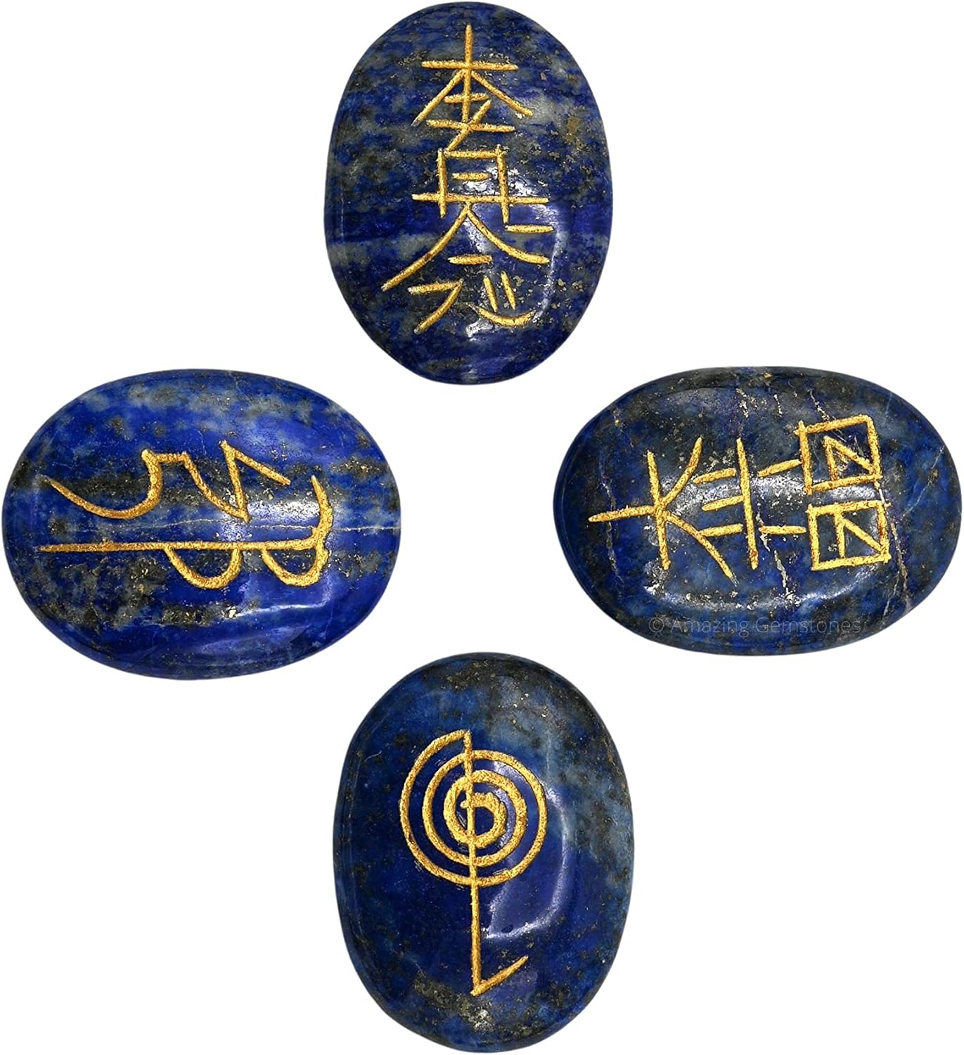 Piedras de reiki de cristal de lapislázuli con símbolos grabados para curación Usui Reiki, juego de 4 piezas (juego de regalo de reiki hecho a mano