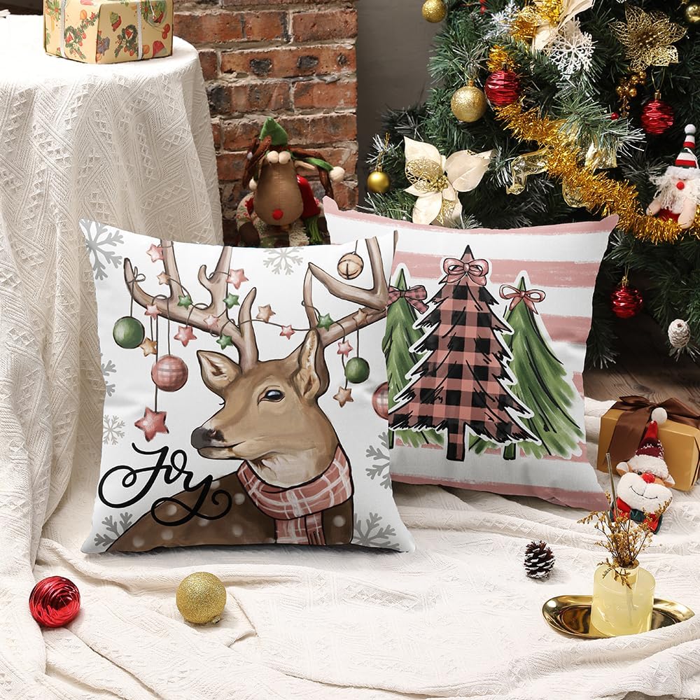 DFXSZ Juego de 4 fundas de almohada navideñas de 18 x 18 pulgadas, diseño de muñeco de nieve de Navidad, renos, rosa y negro, bufanda decorativa de
