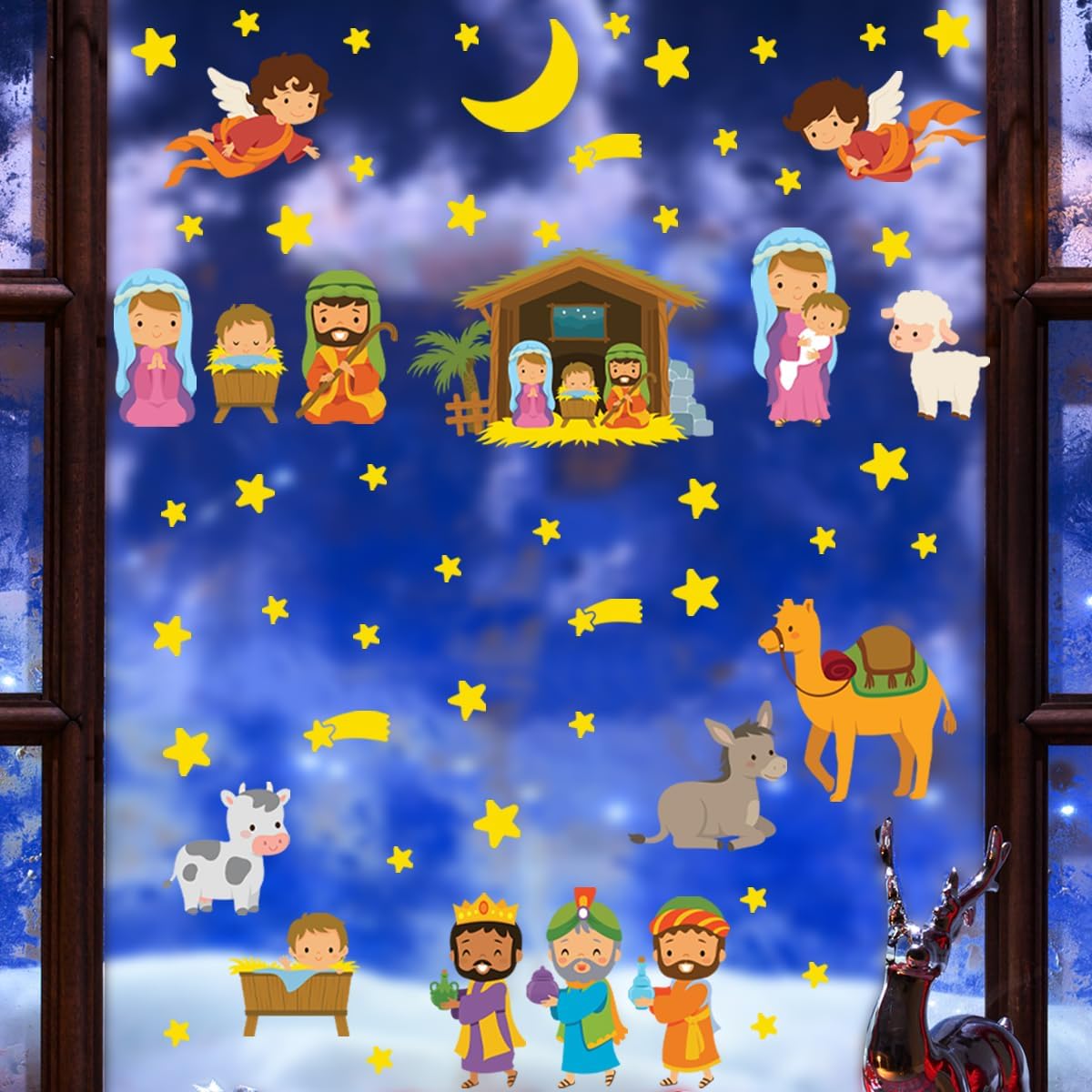 Adhesivos para ventana de Navidad, acuarela, belén, calcomanías de doble cara cristiana para ventana, diseño de El nacimiento de Jesús para