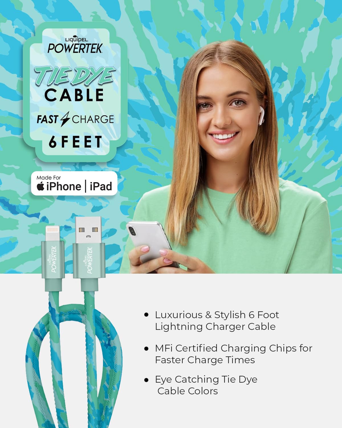 LIQUIPEL Powertek – Cable de carga Lightning para iPad y iPhone, carga rápida, MFI de 6 pies, teñido anudado negro (verde)