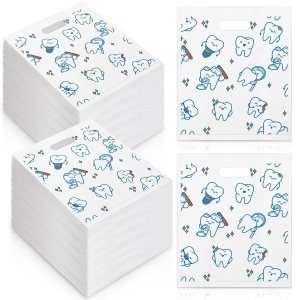 200 bolsas de plástico para dientes para el cuidado del paciente, bolsas de regalo de plástico dental con asas para higienista dentista, embalaje de 200 bolsas de plástico para dientes para el cuidado del paciente, bolsas de regalo de plástico dental con asas para higienista dentista, embalaje de