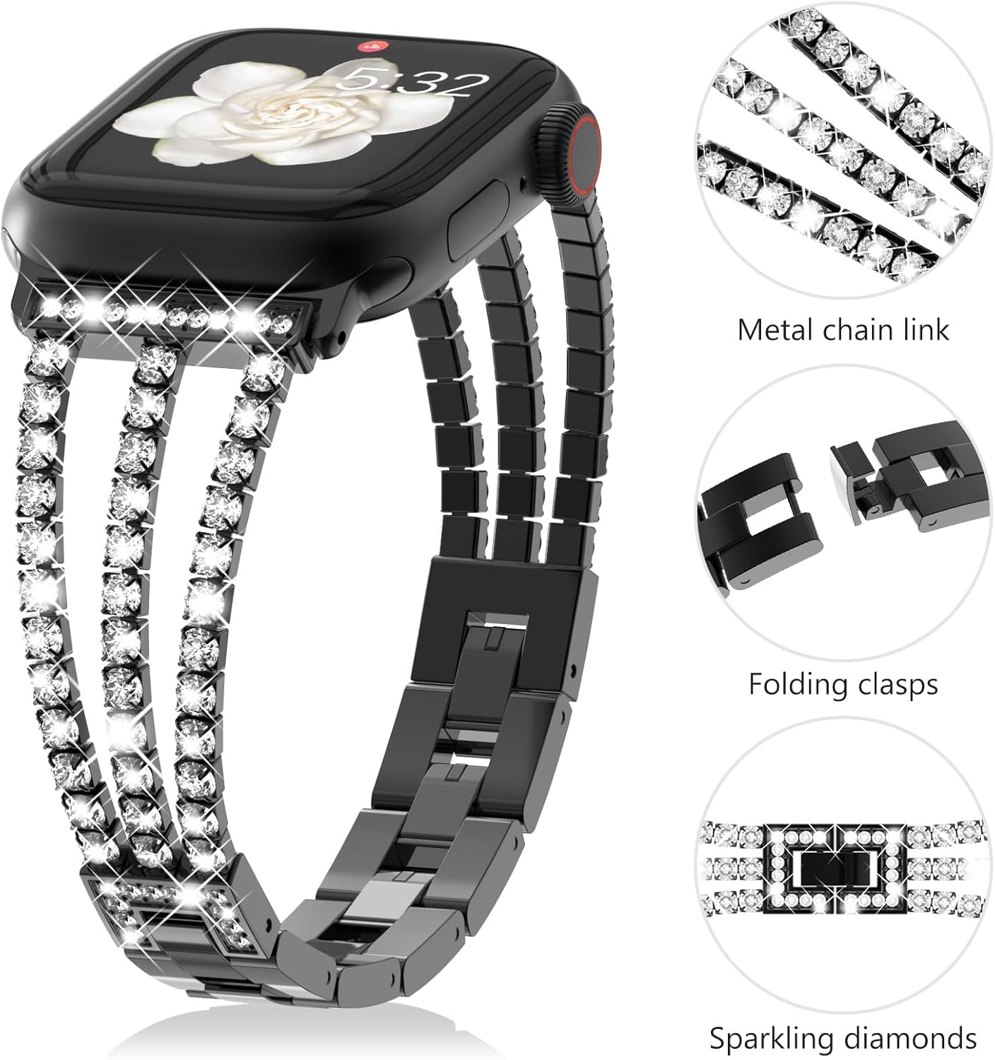 FULLIFE Compatible con Apple Watch Band Series 9, 8, 7, SE2, 6, 5, 4, 3, 2, 1 con diamantes de cristal, correa de acero para mujer (1.614, 1.575,