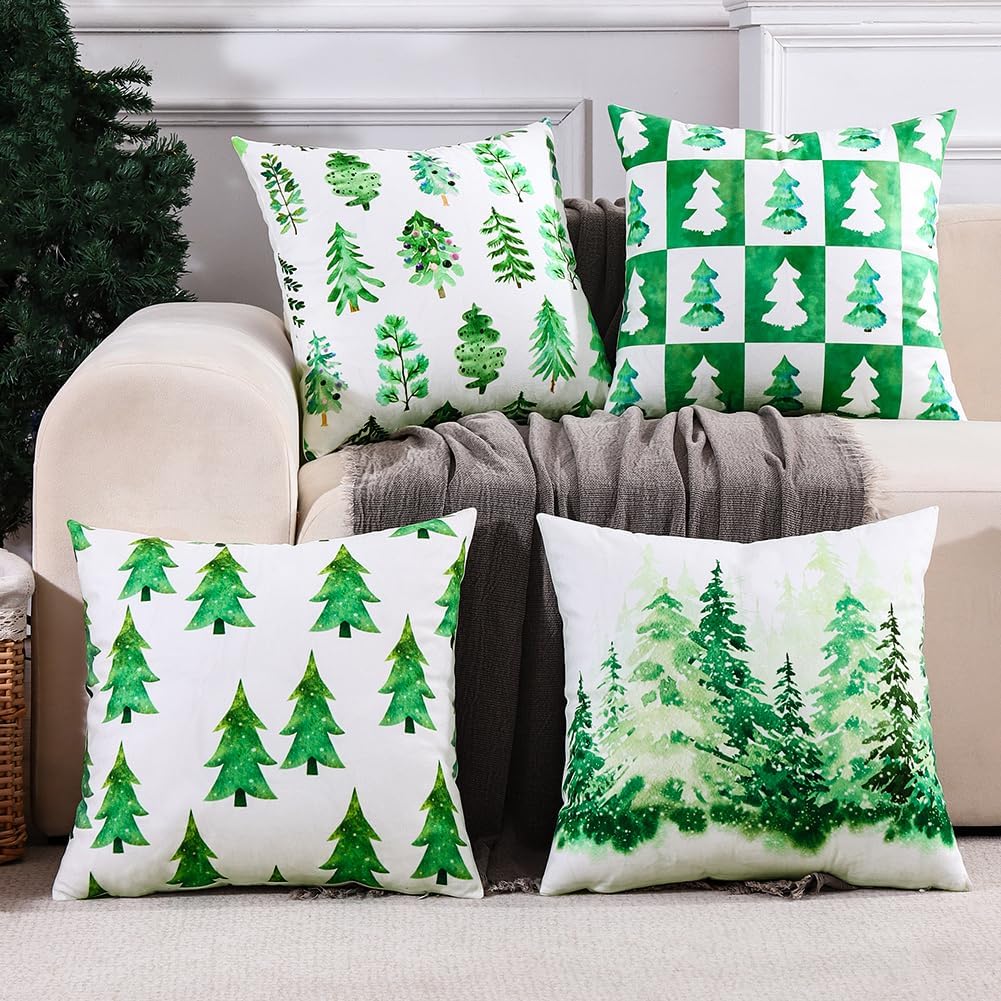 JOJOGOGO Juego de 4 fundas de almohada de 18 x 18 pulgadas para decoración de Navidad de color verde esmeralda para árbol de Navidad, fundas de