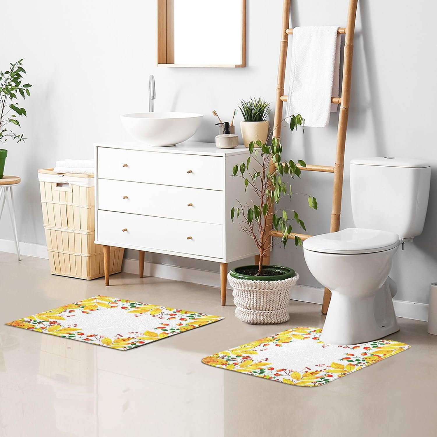 Bathroom Rugs Sets 2 Piece 24×16+24×20 Inch,Soft U-Shaped Contour Toilet Rug Autumn Leaves Berry Non-Slip Absorbent Bath Floor Mat Carpet Set Water