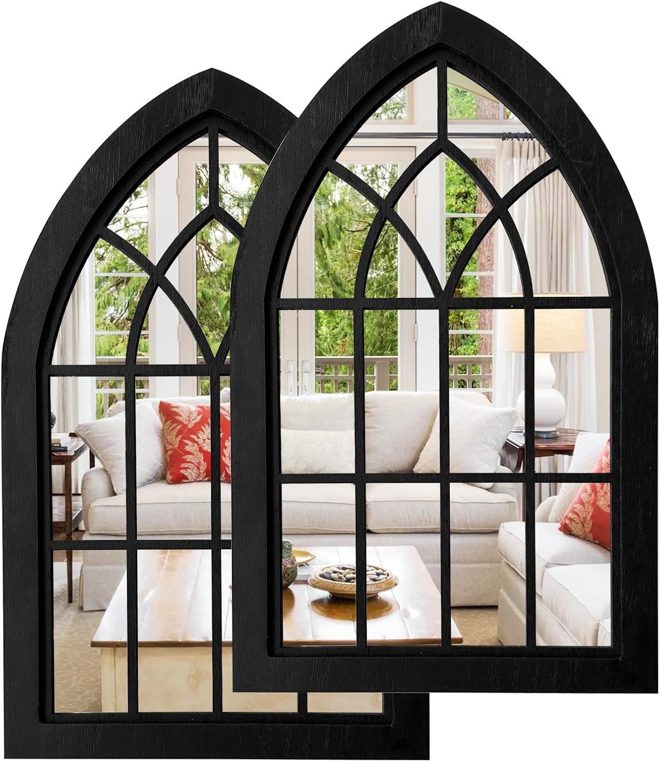 Espejo de pared con marco de madera para ventana, 2 piezas, espejo rústico de granja, espejo de entrada con marco de madera para sala de estar,