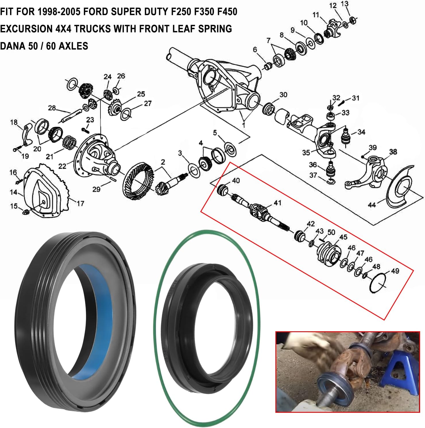 Kit de sellado de tubo y nudillos de vacío para Ford Super Duty Excursion F250 F350 F450 F550 Dana 50 60, repuesto OEM # 504911 , 5038 1, 41784-2
