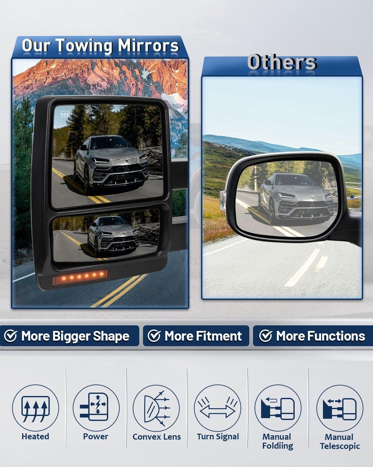 ECCPP Espejos de remolque compatibles con Ford 2004-2014 para camioneta F-150 con control de potencia lateral izquierdo y derecho, señal de giro de