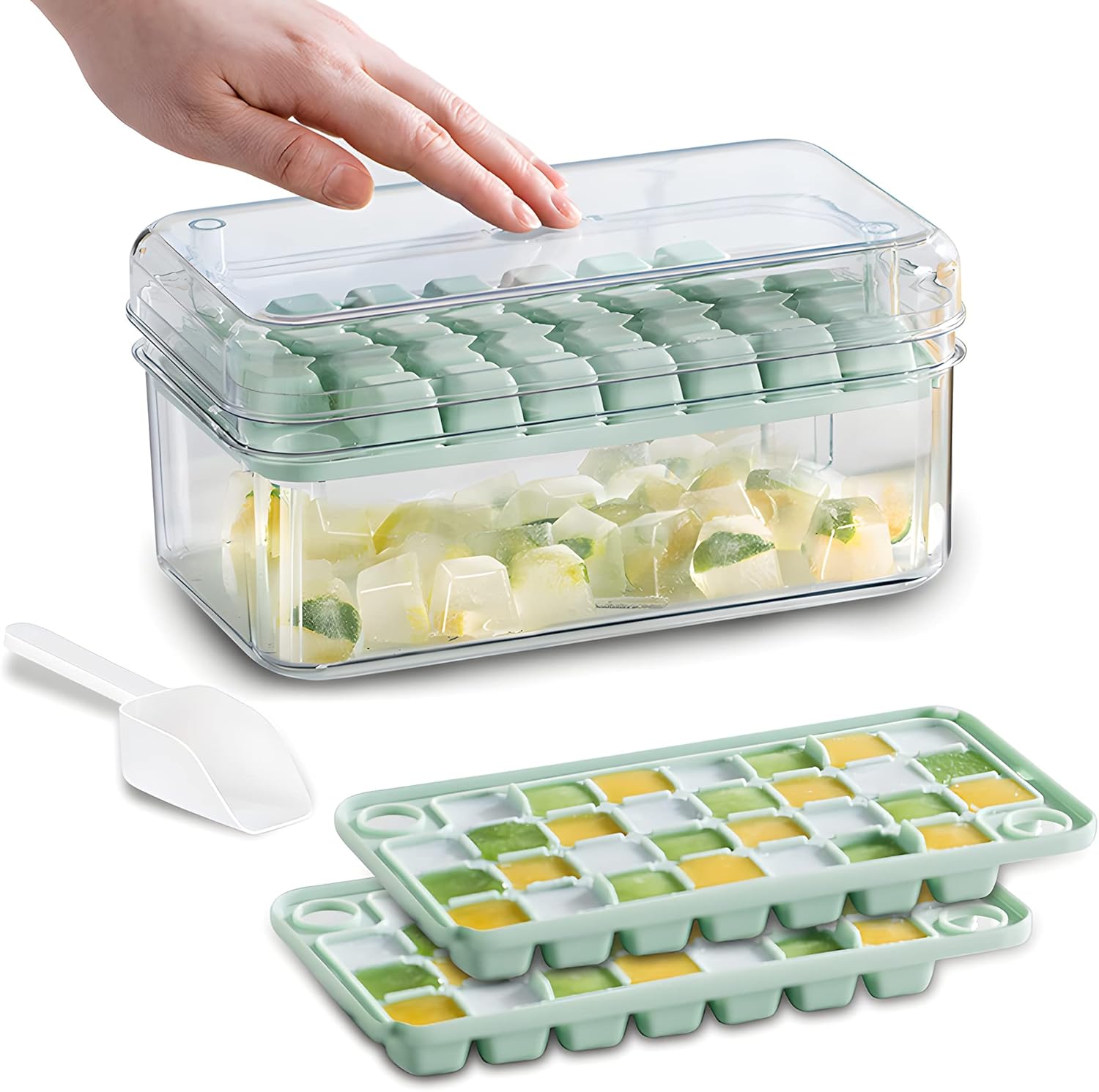 Bandeja cuadrada para cubitos de hielo con tapa y contenedor de almacenamiento, molde para hacer cubitos de hielo para congelador con contenedor,