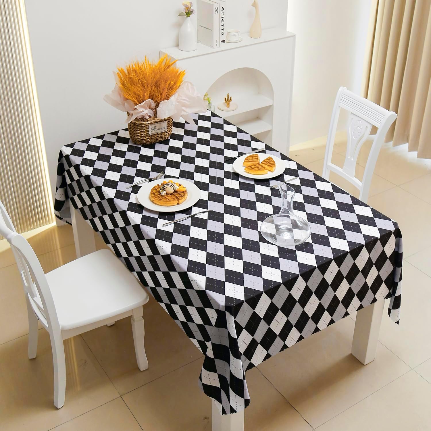 Mantel negro a cuadros para festivales de fiesta, mantel a cuadros de 60 x 102 pulgadas, mantel rectangular decorativo, tela impermeable para picnic