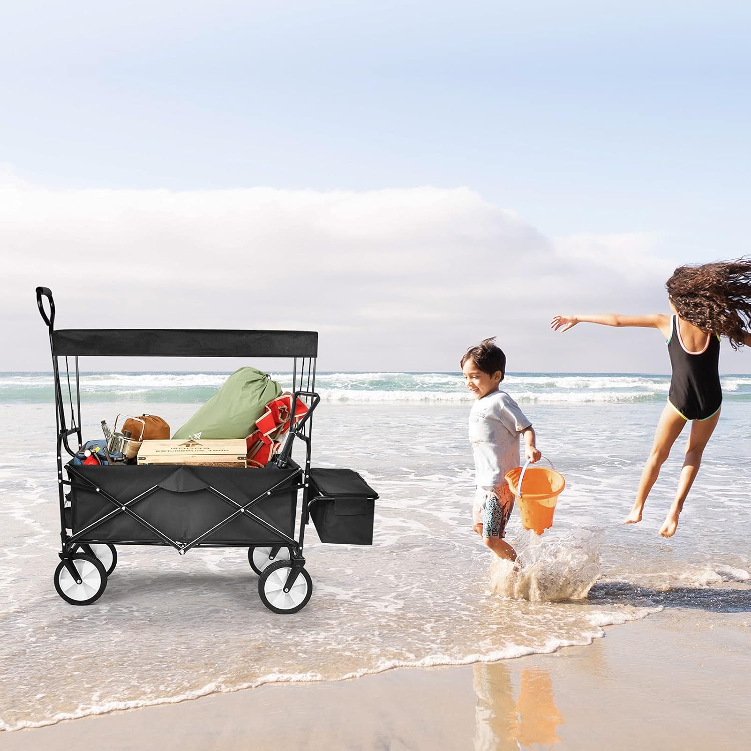 YSSOA Carrito de mano portátil plegable resistente con toldo extraíble, ruedas de 8 pulgadas, asas ajustables y doble tela para compras, picnic,