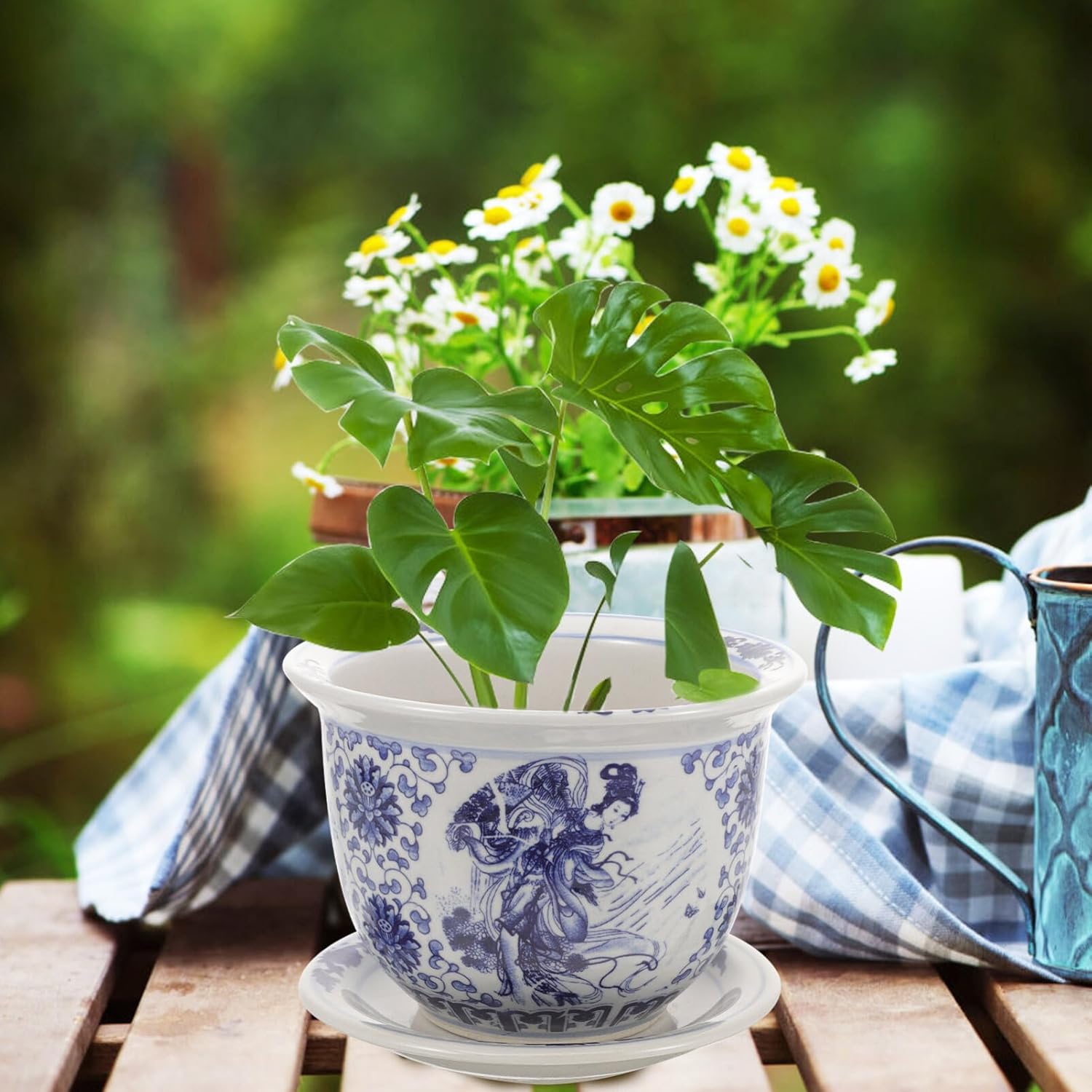 Yardwe Macetas de cerámica para suculentas al aire libre, macetas para suculentas, maceta con bandeja, macetas divertidas para plantas de jardín,