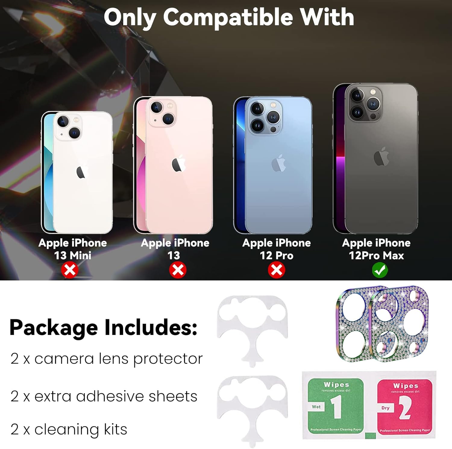Paquete de 2 protectores de lente de cámara con diamantes de cristal brillante para iPhone 12 Pro Max, aleación de metal resistente a los arañazos,