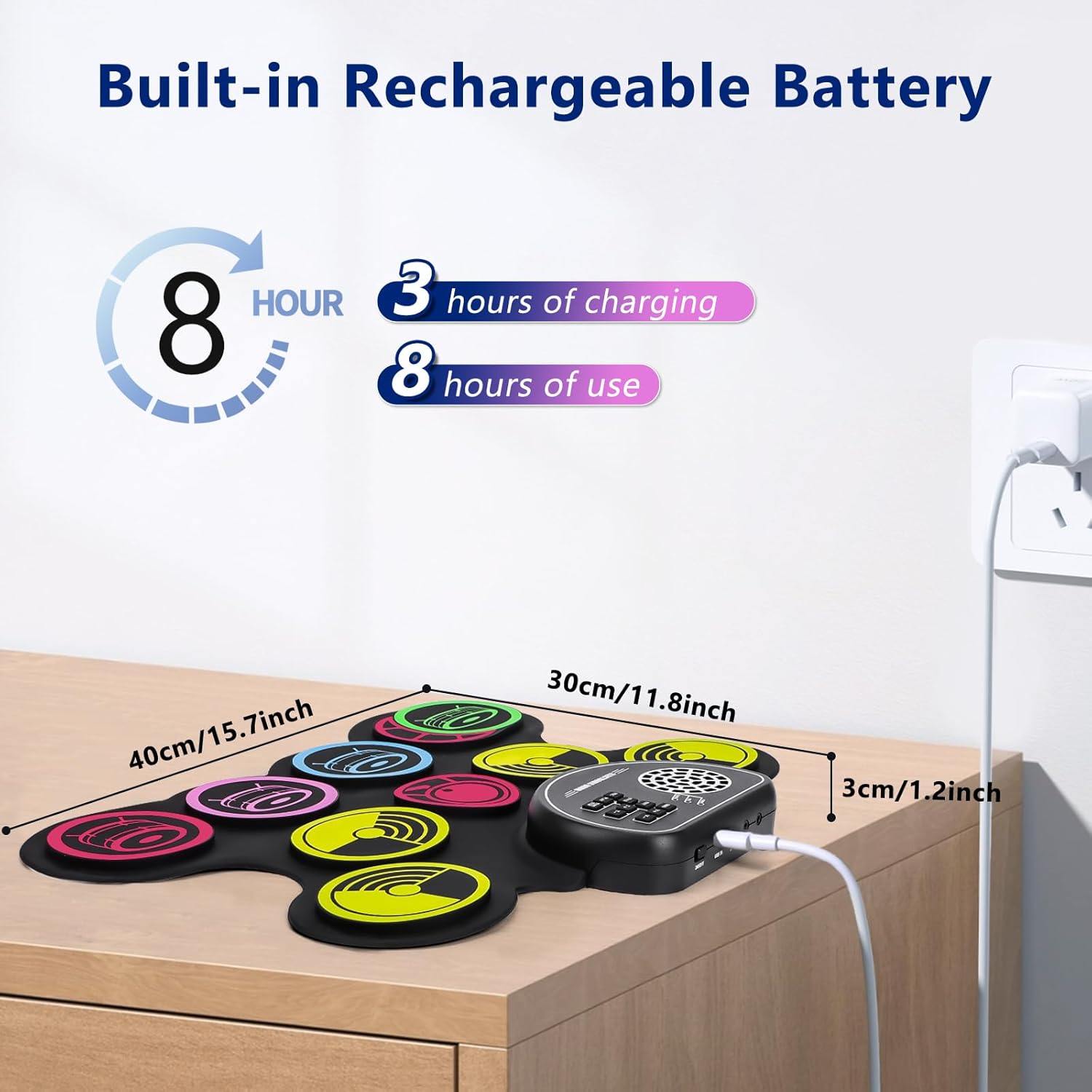 Juego de batería electrónica, 10 almohadillas enrollables, kit de batería de práctica con conector para auriculares, altavoces integrados, pedales