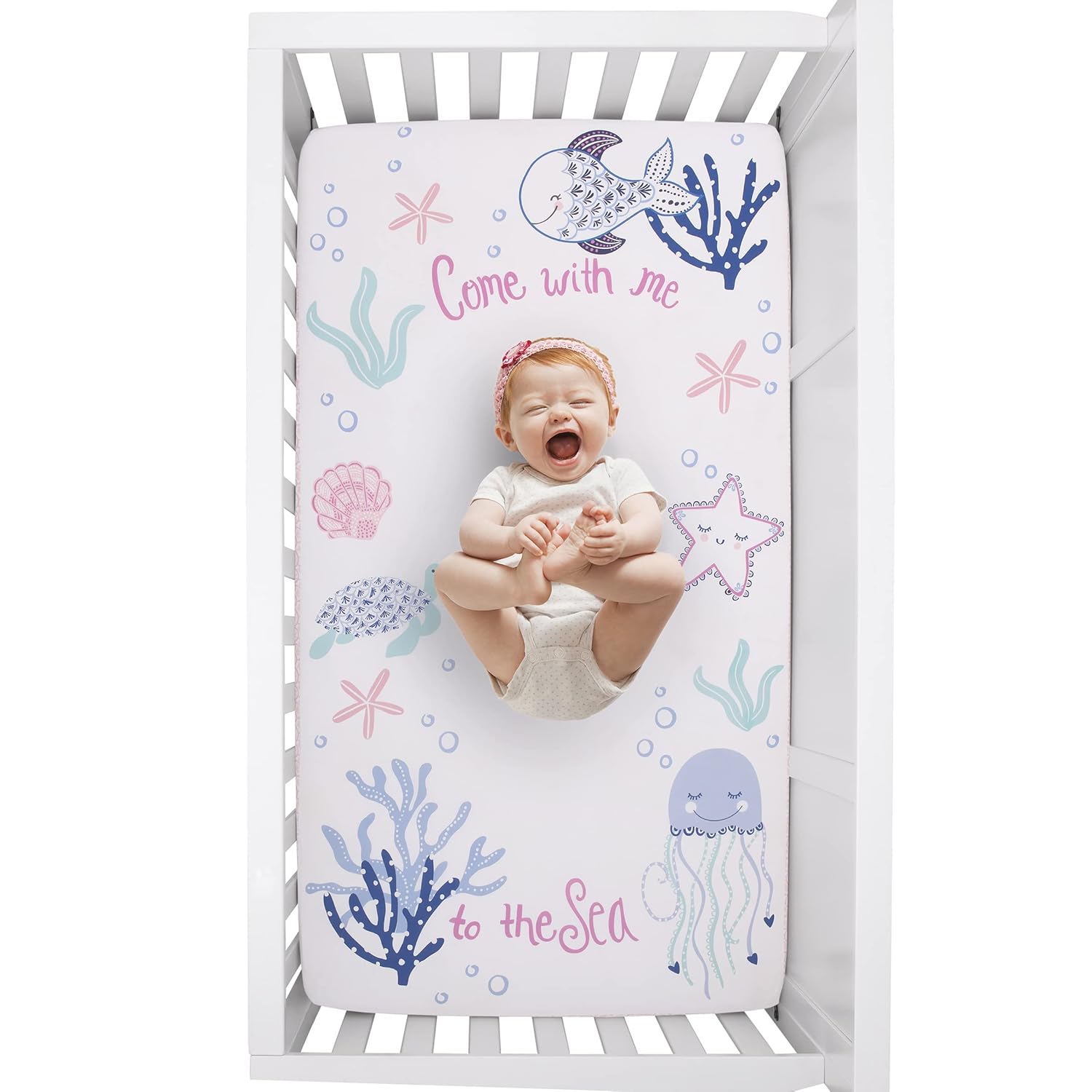 NoJo Mermaid Lagoon – Sábana bajera ajustable para cuna, color rosa, azul y blanco, 100% algodón con foto