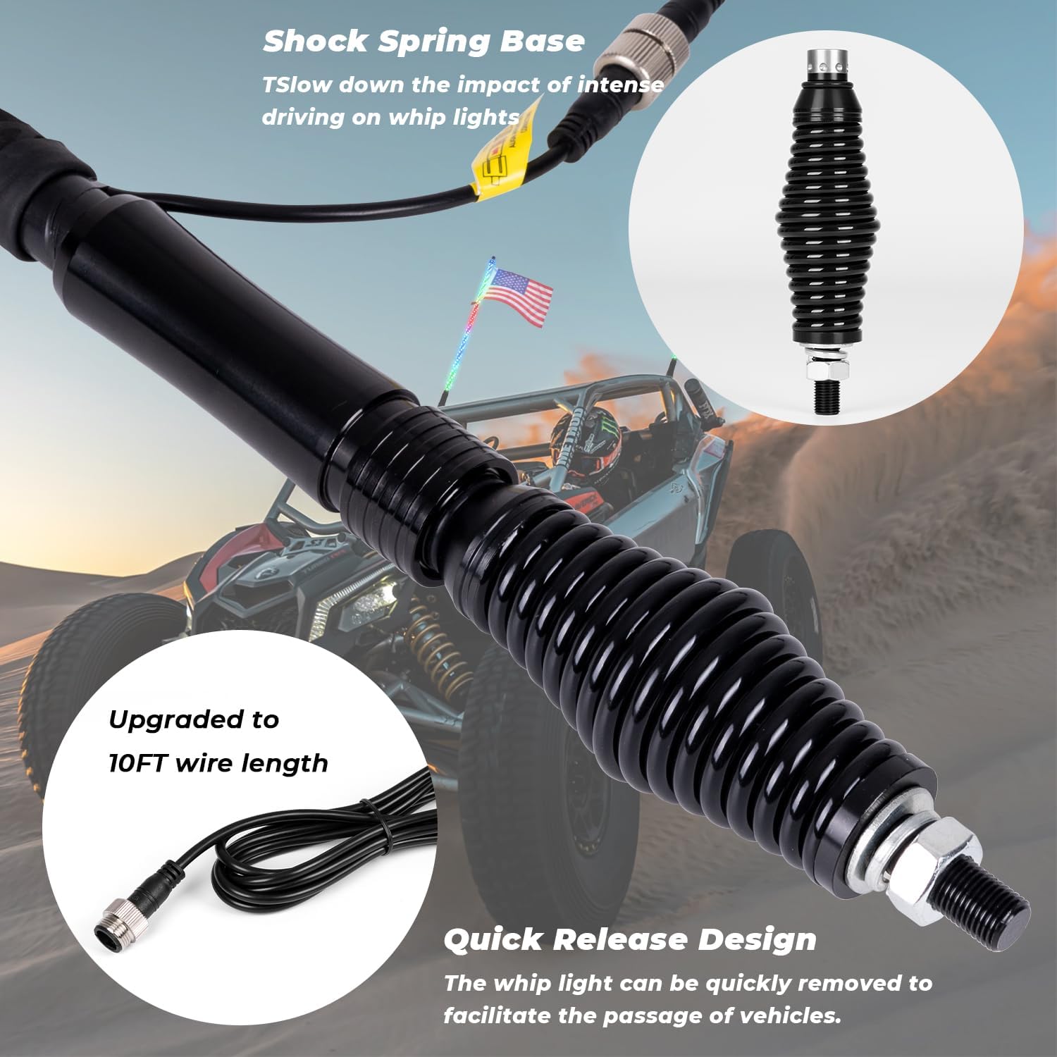 2 luces LED en espiral RGB de 4 pies con base de resorte, luz de persecución con Bluetooth y control remoto, látigos de antena iluminados para