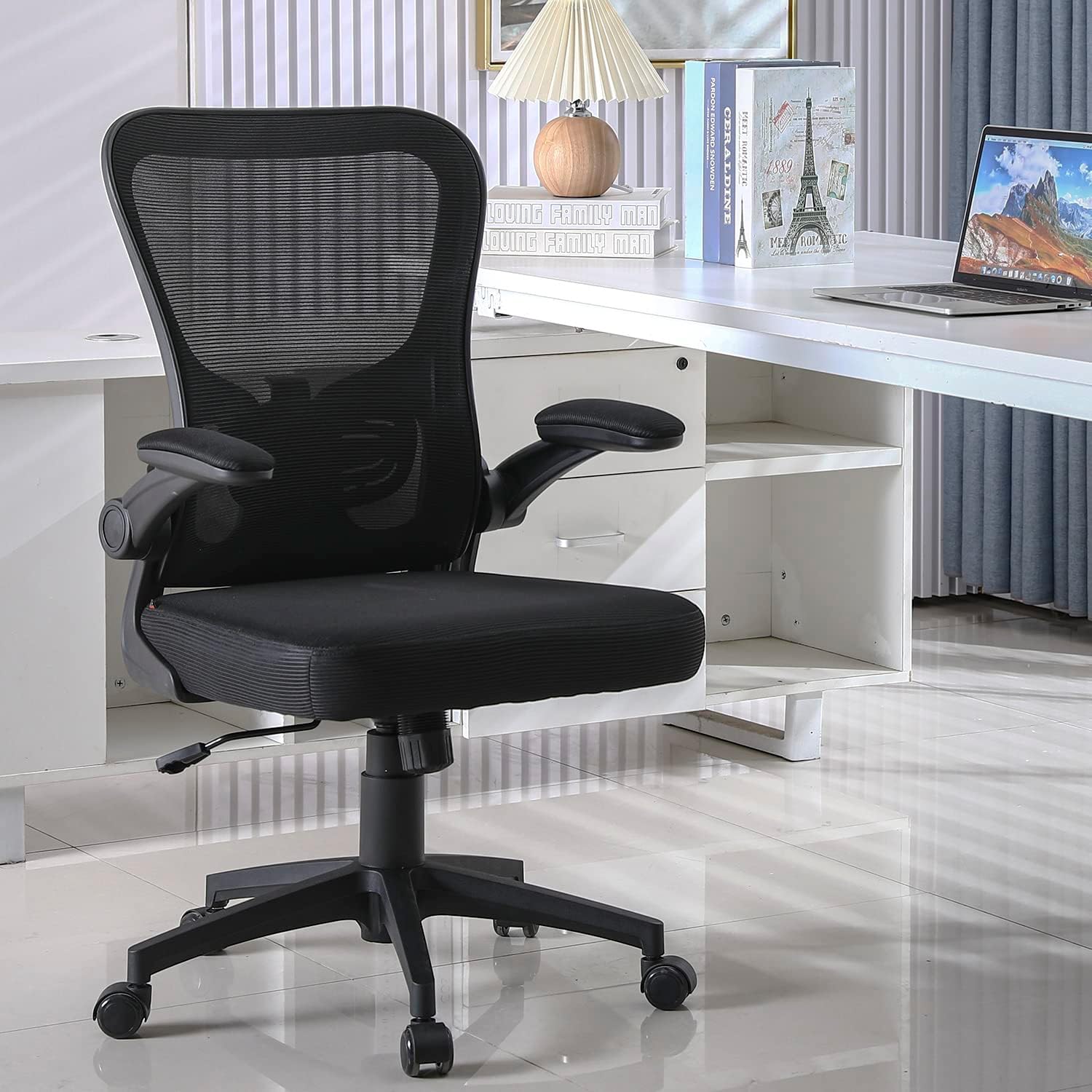 Furniliving Silla de oficina ergonómica de malla, silla de oficina en casa, silla de trabajo con respaldo medio con soporte lumbar, función de