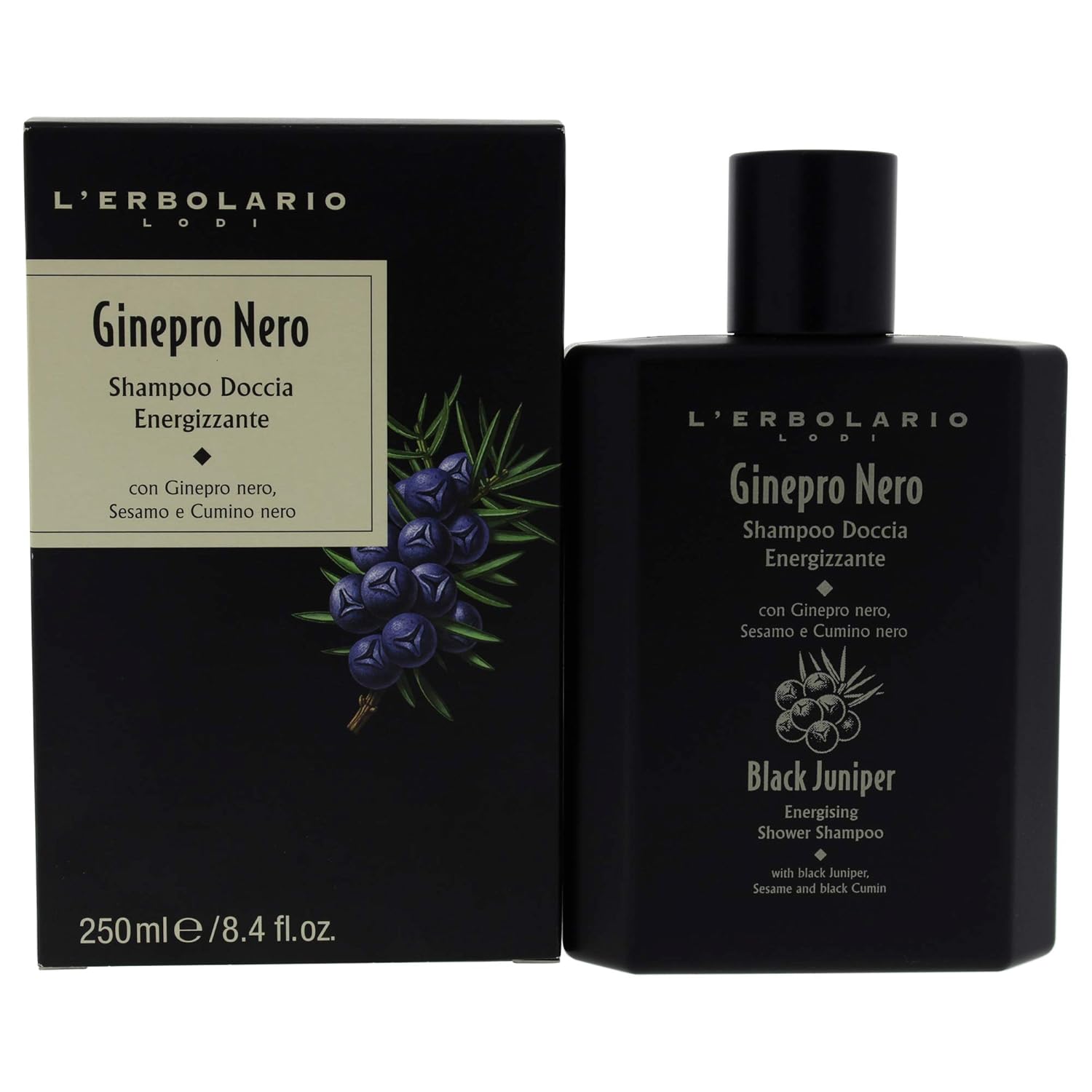 L’Erbolario Black Juniper – Champú de ducha energizante – Limpiador corporal y capilar – Con notas amaderadas y cítricas – Nutre y limpia
