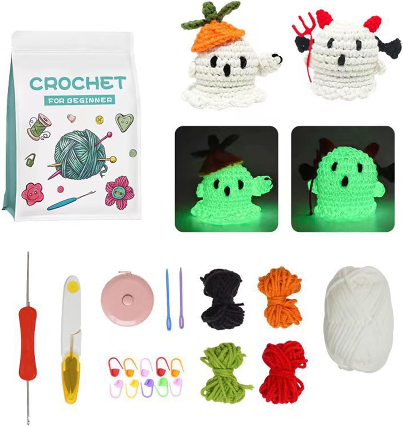 Kit de ganchillo para principiantes que brillan en la oscuridad, kit de inicio de ganchillo con tutoriales en video paso a paso, muñeca fantasma,