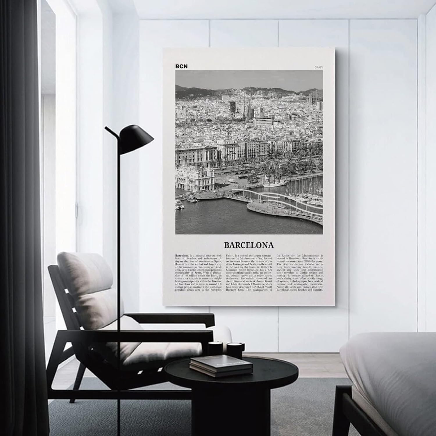 Barcelona – Póster de pared con estampado de océano blanco y negro, póster de Barcelona, foto de Barcelona, lienzo de Barcelona, póster de pared