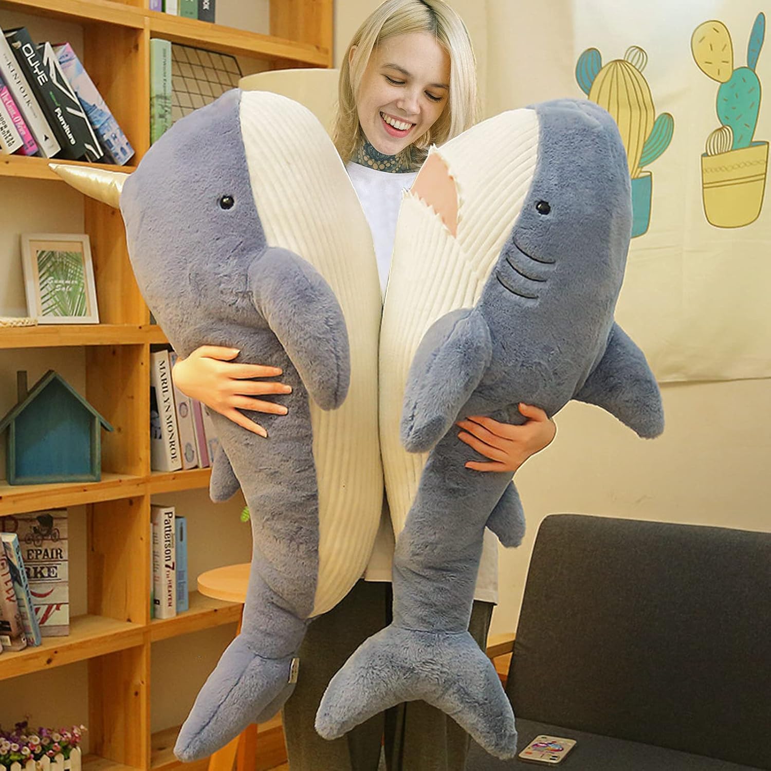 Lopbraa Ballenas de tiburón – Animal de peluche de ballena de peluche, regalo para niños, familia, cumpleaños, Navidad (ballena, 35.5 pulgadas)