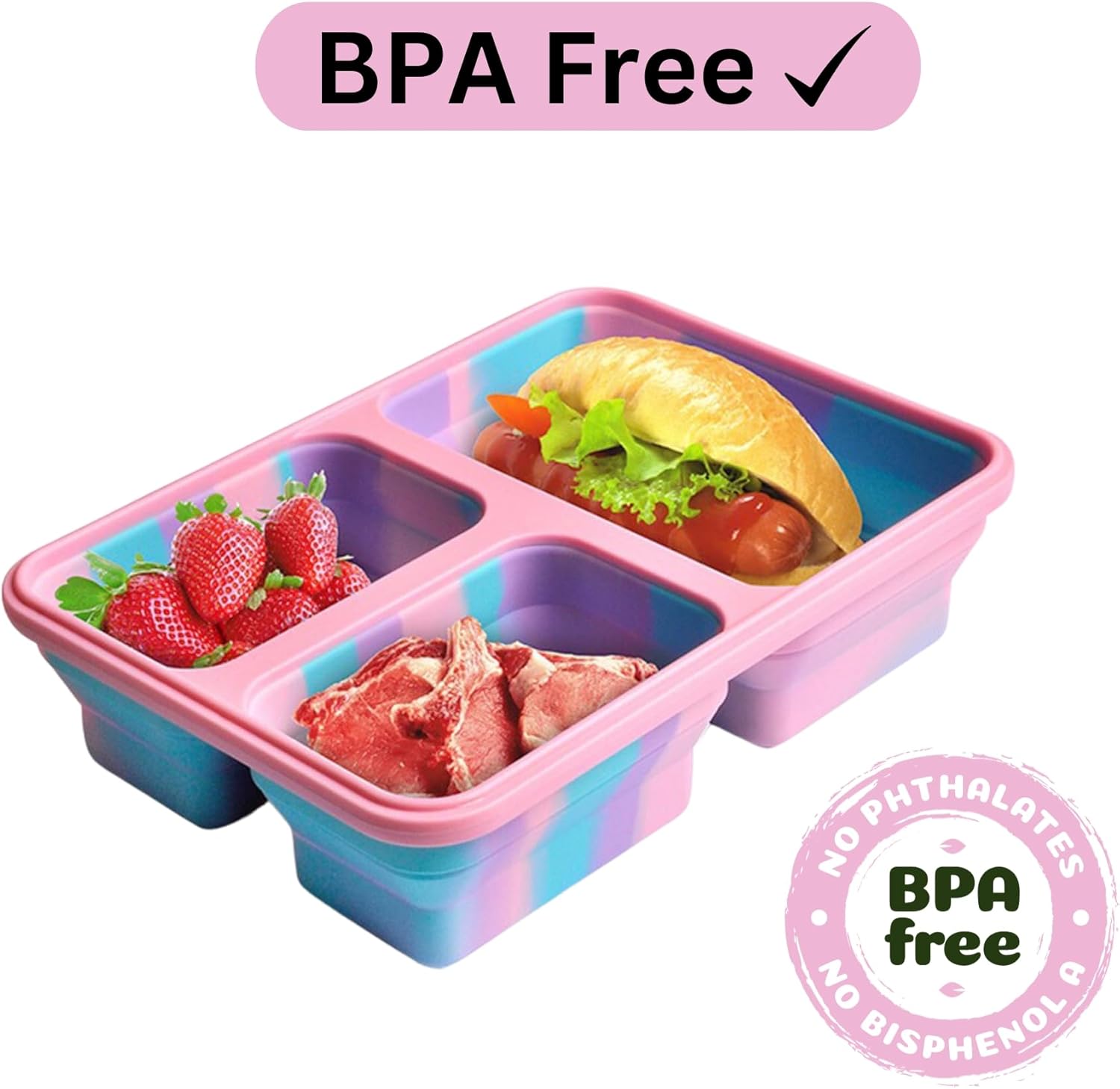 Caja Bento plegable para adultos, niños, 3 compartimentos, hogar, oficina, escuela, trabajo, comidas para llevar, almuerzo, aperitivos, portátil,