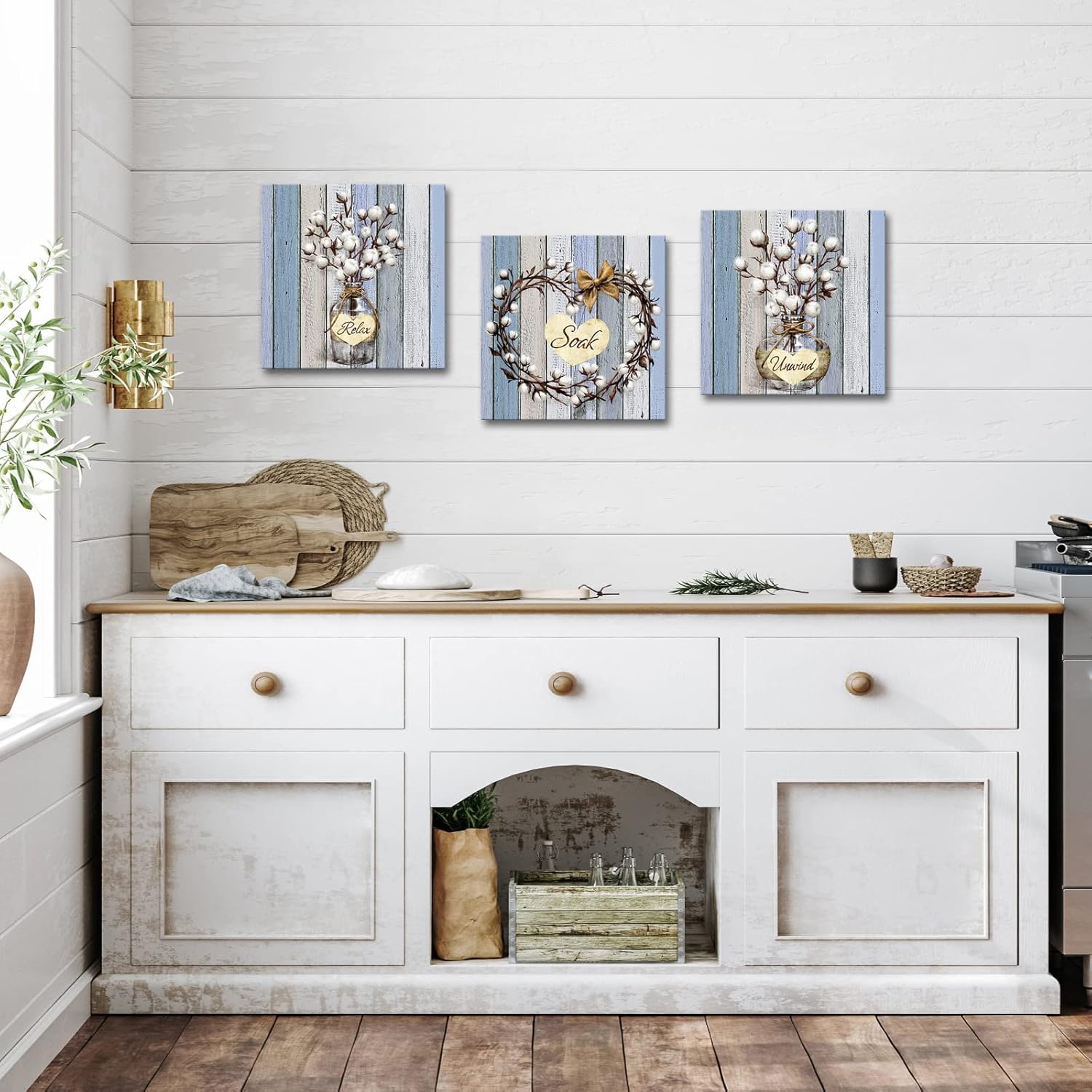 KLVOS Lienzo decorativo para pared, diseño de ramos de algodón blanco, moderno, enmarcado, decoración de pared para baño, cocina, hogar, decoración