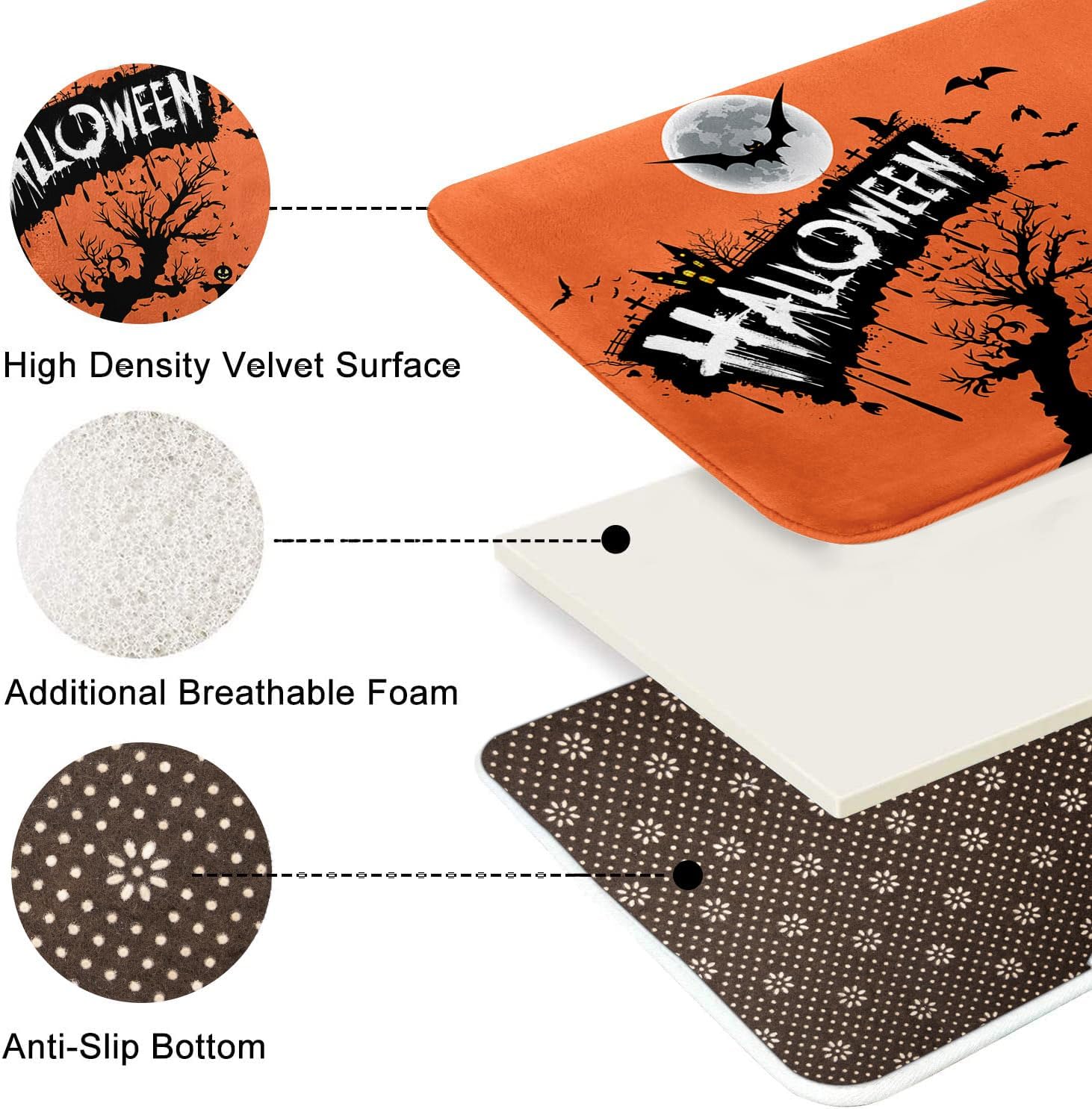 Britimes Tapete de baño de Halloween para baño, castillo bajo tumbas nocturnas naranjas, tapete de baño antideslizante, tapete de piso de 16 x 24