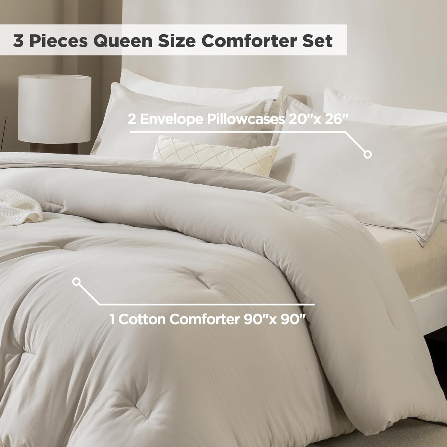 Litanika Juego de edredón de lino de algodón gris tamaño Queen, juego de ropa de cama transpirable de 3 piezas, color caqui, suave para todas las