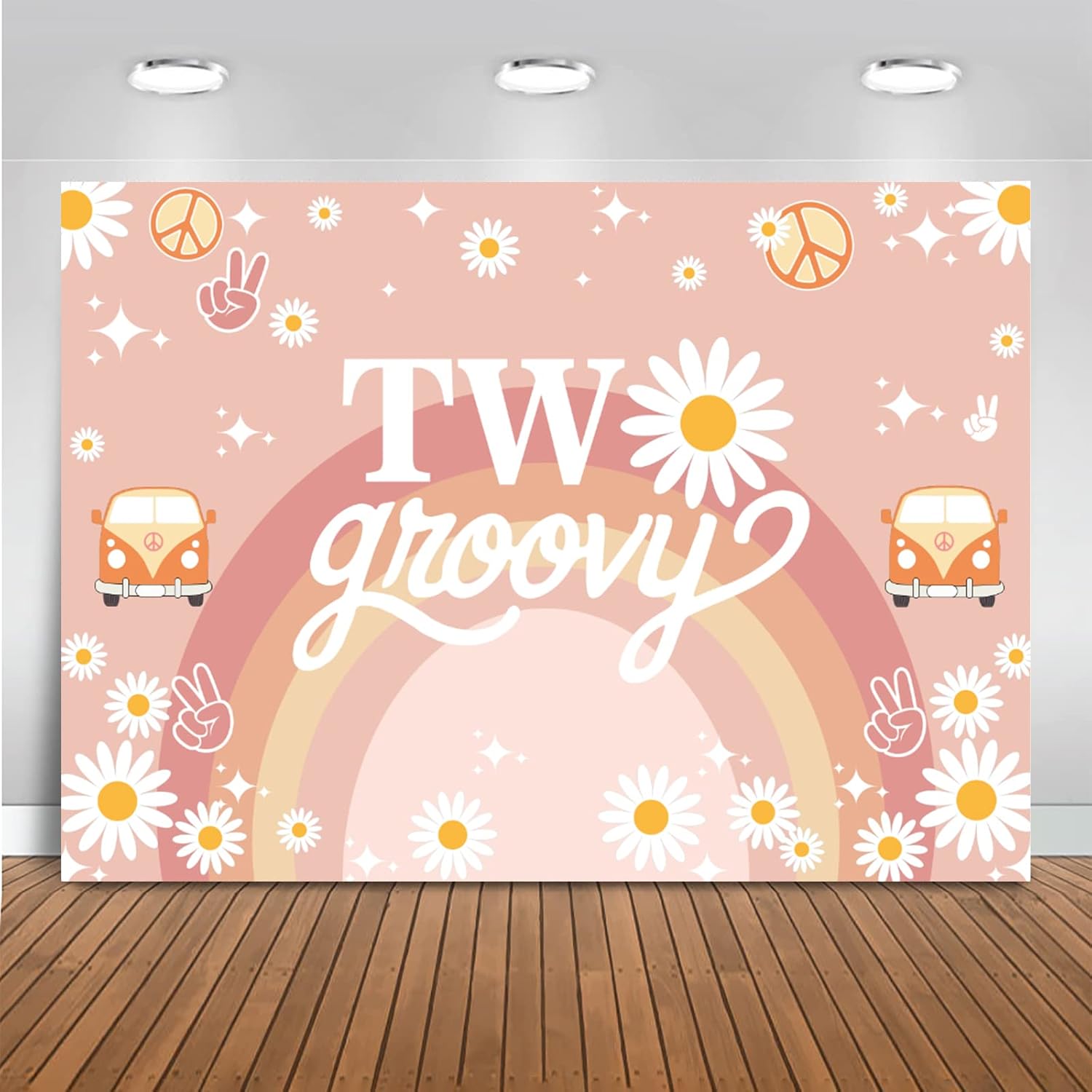Mocsicka Fondo de 2 cumpleaños Groovy con texto en inglés “Two Groovy” para decoración de fiesta de cumpleaños de 2 cumpleaños, margarita, hippie,
