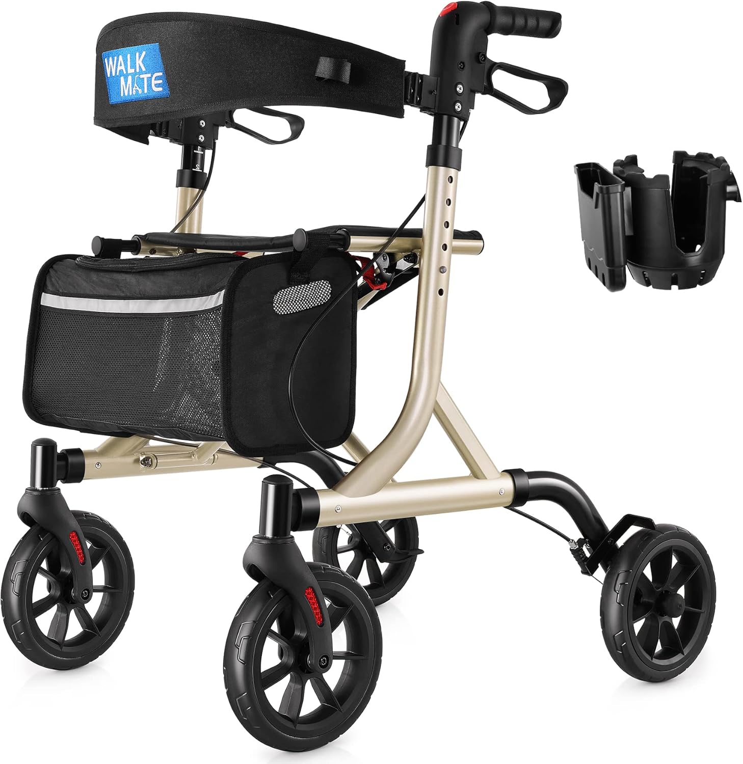 WALK MATE Andador con ruedas para personas mayores con soporte para tazas, botón de presión de pulgar mejorado para ajuste de altura, ruedas de 4 x
